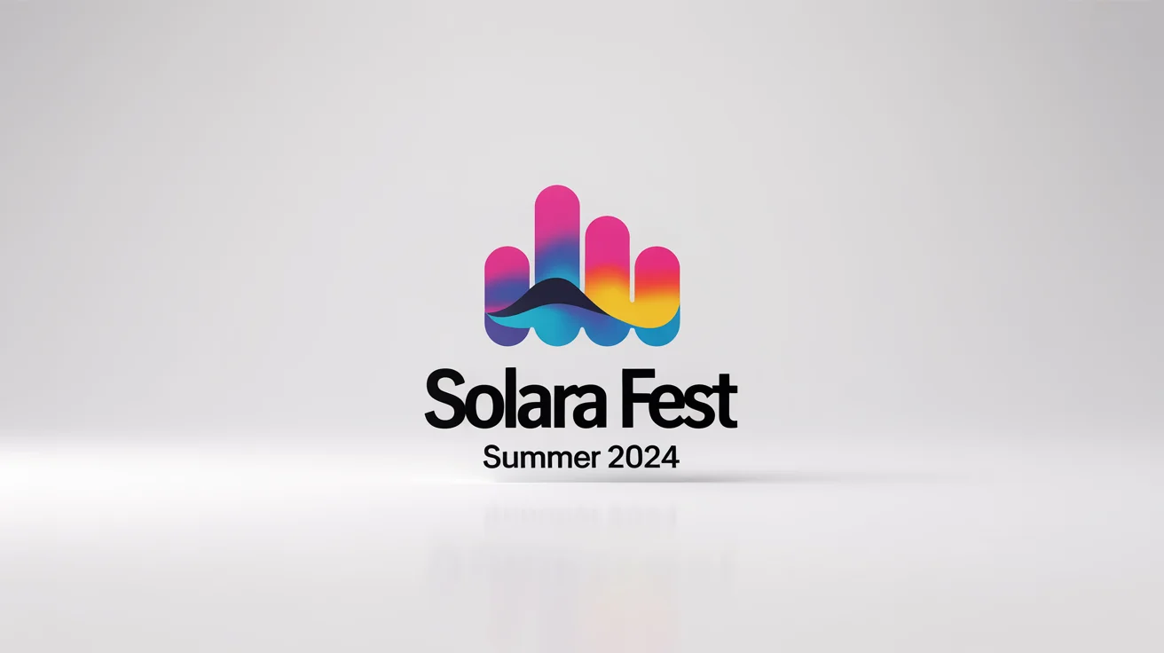 A modern and colorful mockup of an event logo for 'Solara Fest Summer 2024', featuring an abstract geometric icon and clean typography on a white background.
