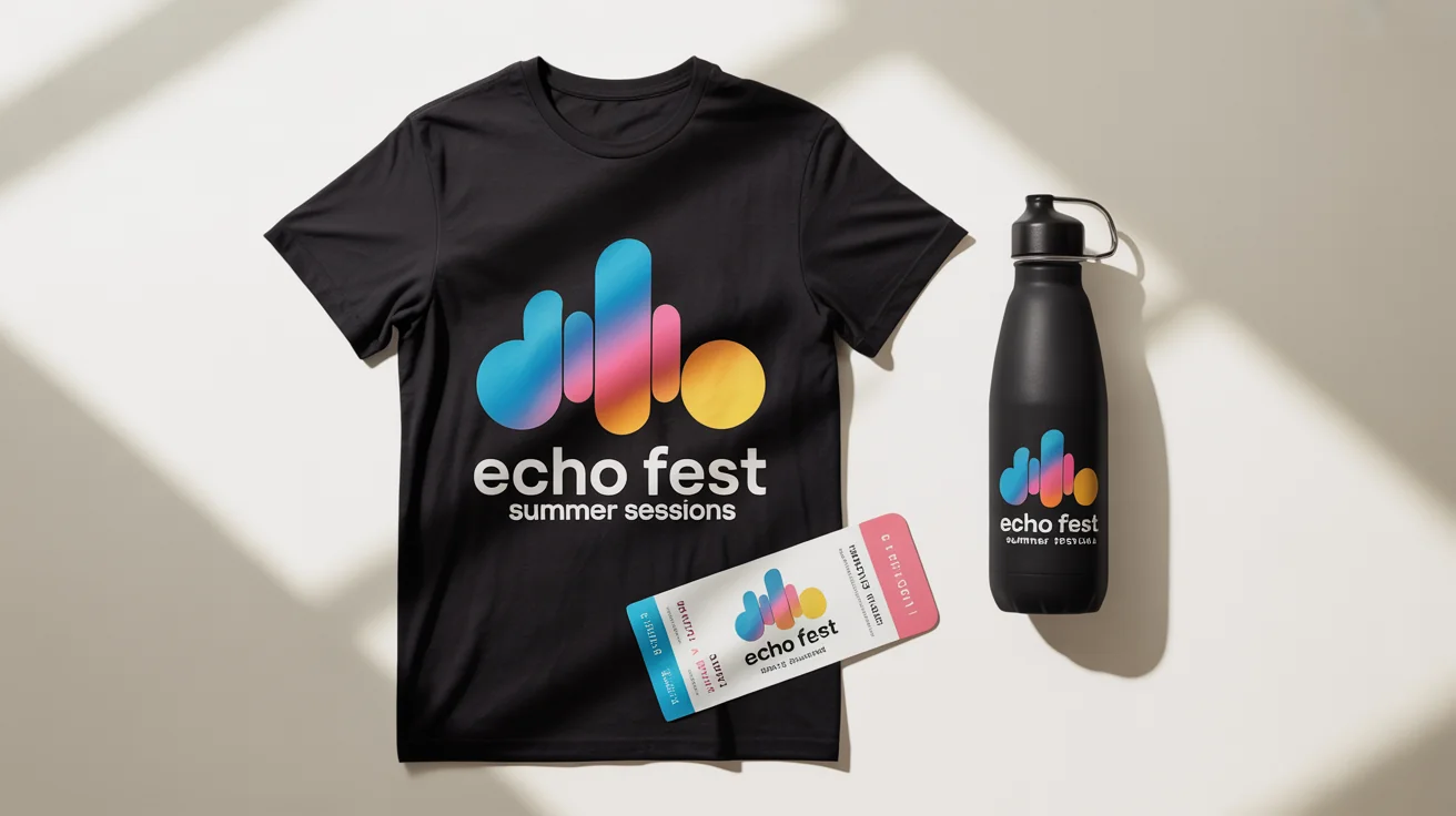 A professional mockup of the 'ECHO FEST' event logo displayed on a black t-shirt, a water bottle, and a concert ticket against a plain white background.