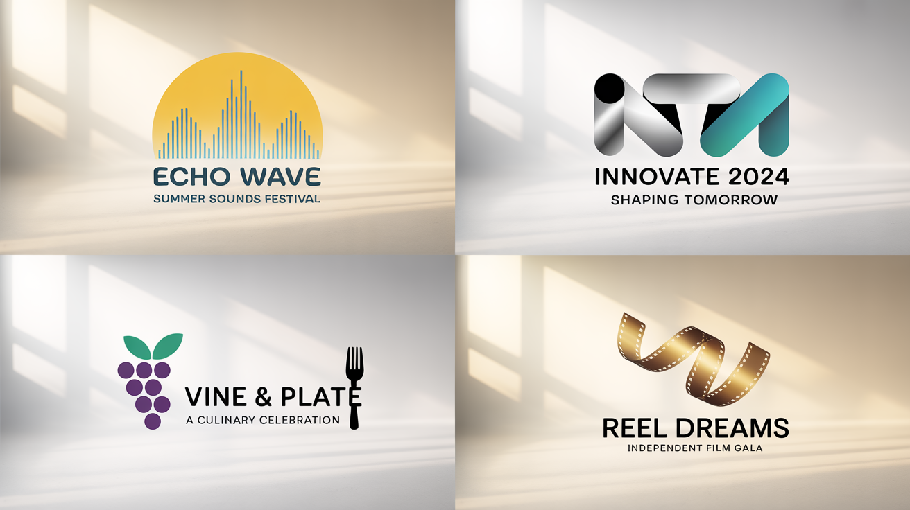 A mockup displaying four different event logos on a white background: a music festival logo, a tech conference logo, a food and wine festival logo, and a film festival logo.