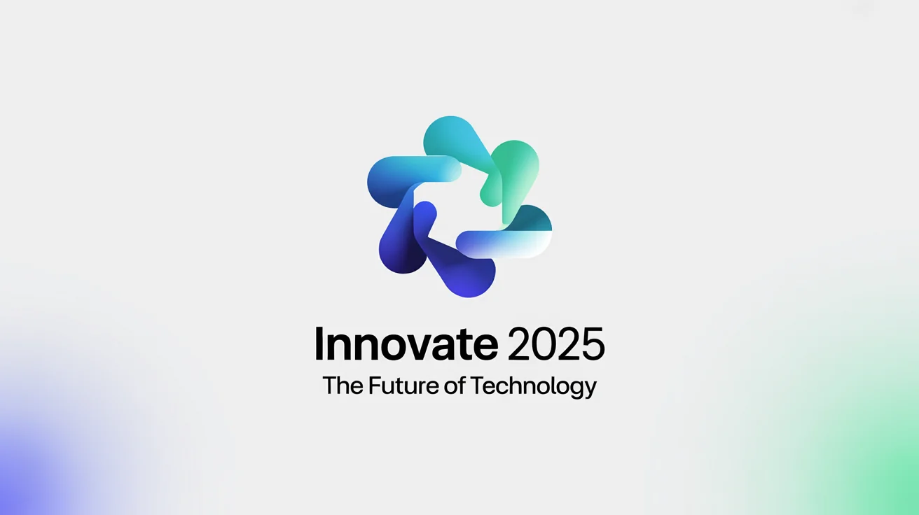 A professional event logo for a tech conference called 'Innovate 2025', featuring a blue and cyan geometric design on a white background.