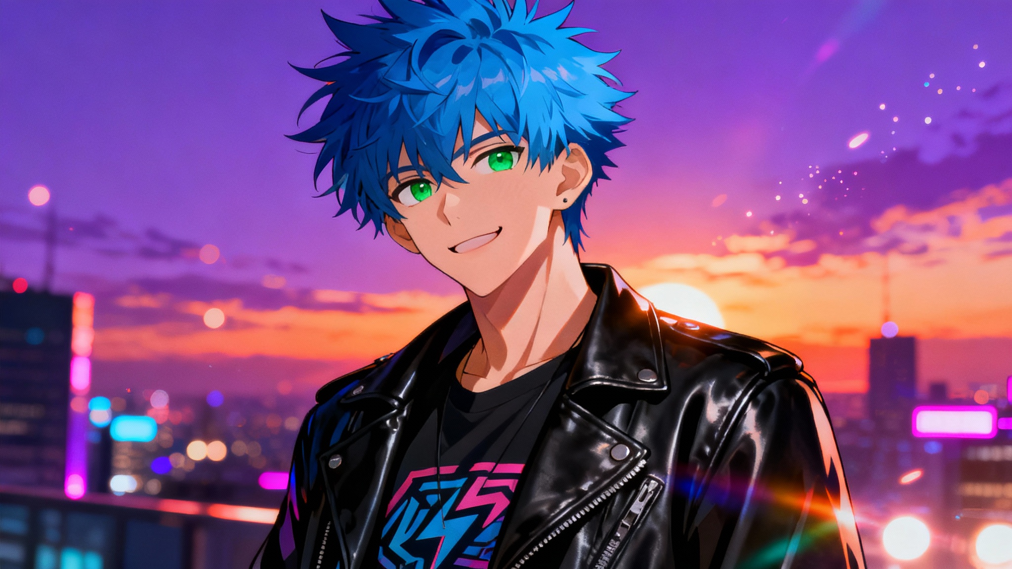 A professionally illustrated anime character, a young man with spiky blue hair and a leather jacket, smirking confidently in front of a blurred cityscape at sunset.