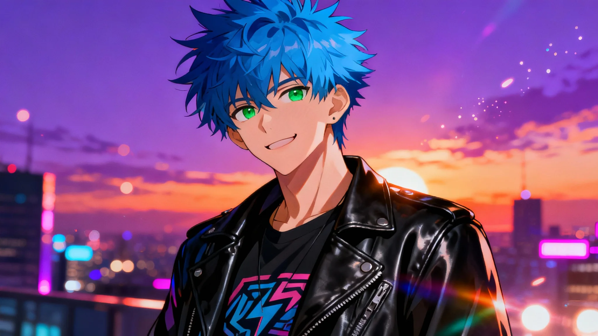 A professionally illustrated anime character, a young man with spiky blue hair and a leather jacket, smirking confidently in front of a blurred cityscape at sunset.