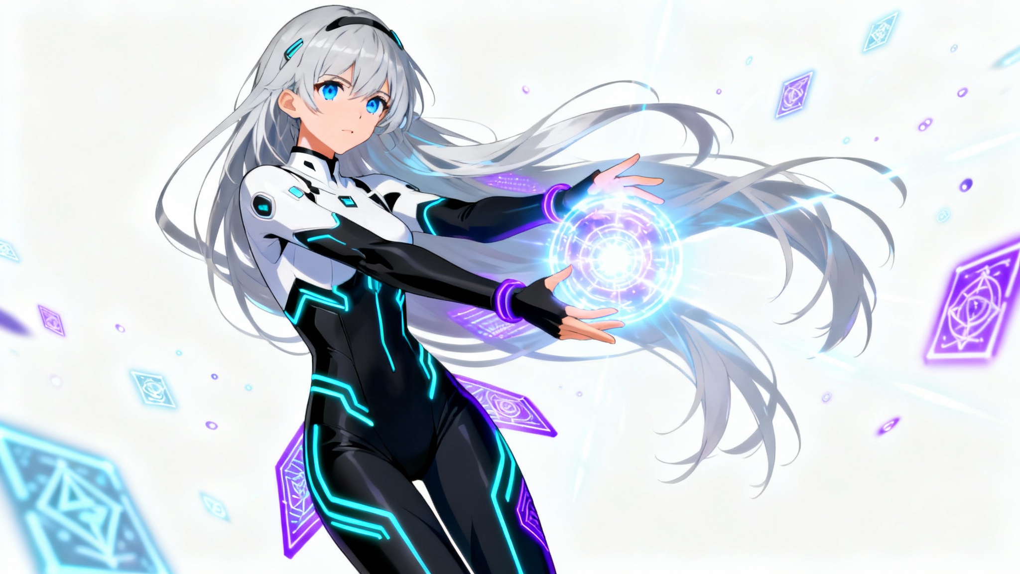 A detailed anime-style illustration of a female techno-mage with silver hair, posing dynamically against a white background as she summons a glowing orb of energy.