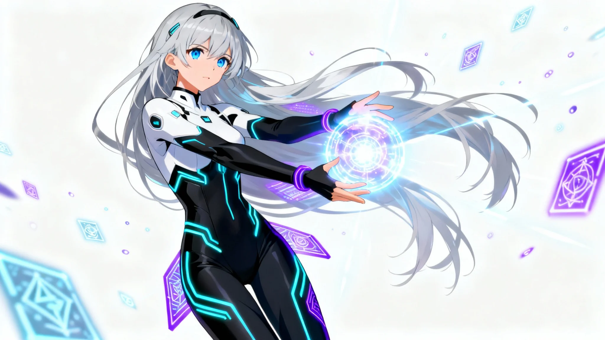 A detailed anime-style illustration of a female techno-mage with silver hair, posing dynamically against a white background as she summons a glowing orb of energy.
