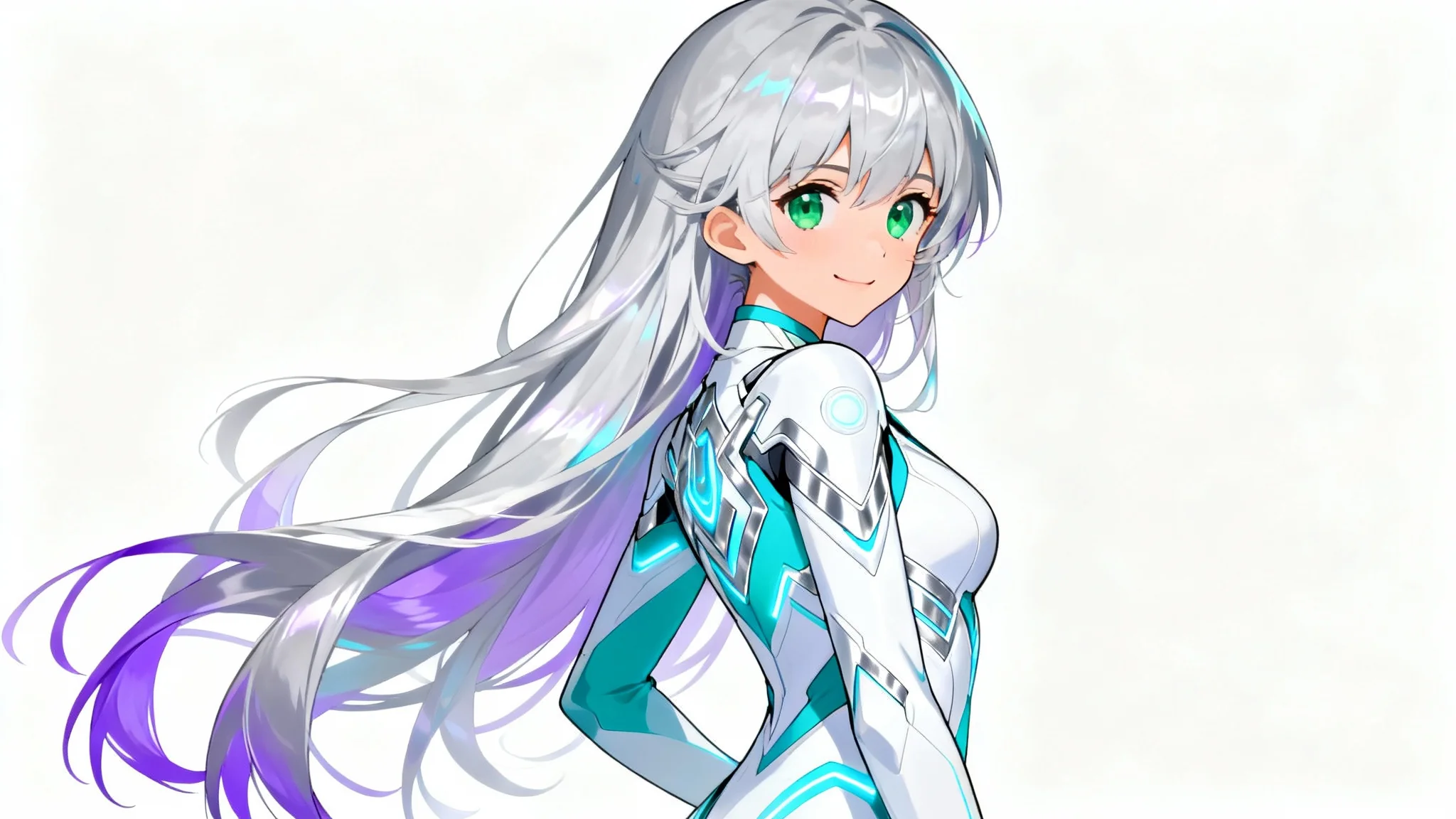 A vibrant, waist-up digital illustration of an original female anime character with long silver hair and green eyes, wearing a futuristic outfit and posing confidently against a clean white background.