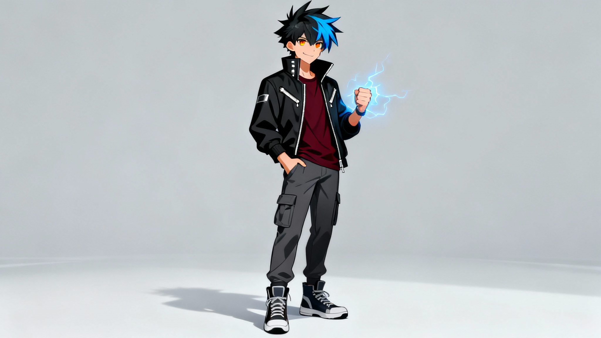 A full-body concept art illustration of a male anime character with spiky black and blue hair, wearing a modern black jacket and grey pants, smirking confidently against a light grey background.