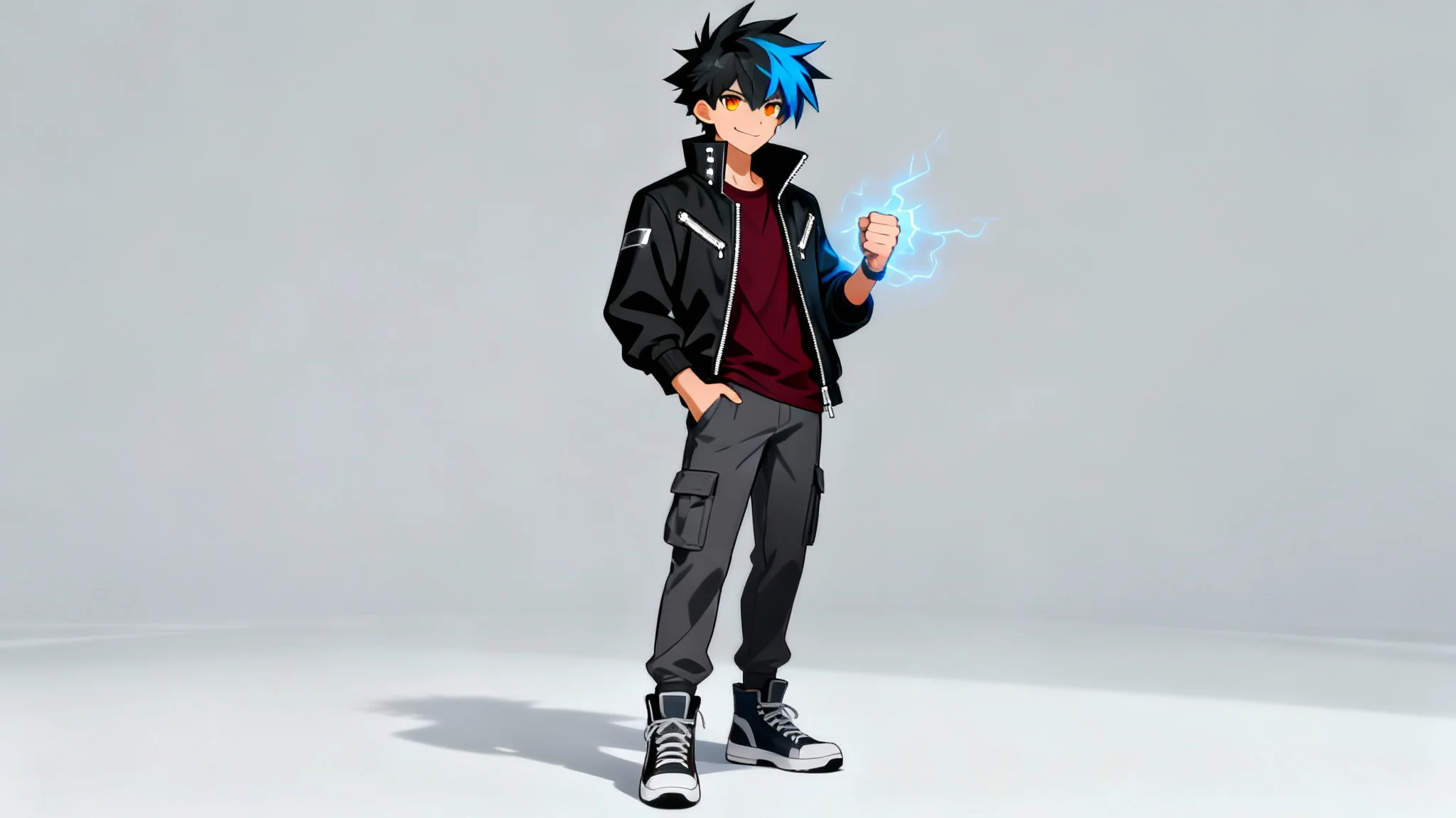 A full-body concept art illustration of a male anime character with spiky black and blue hair, wearing a modern black jacket and grey pants, smirking confidently against a light grey background.