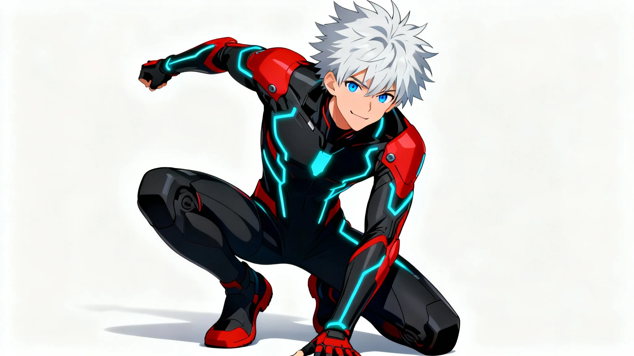 A full-body illustration of a male anime character with white hair and blue eyes, wearing a futuristic black and red suit, posed dynamically against a white background.