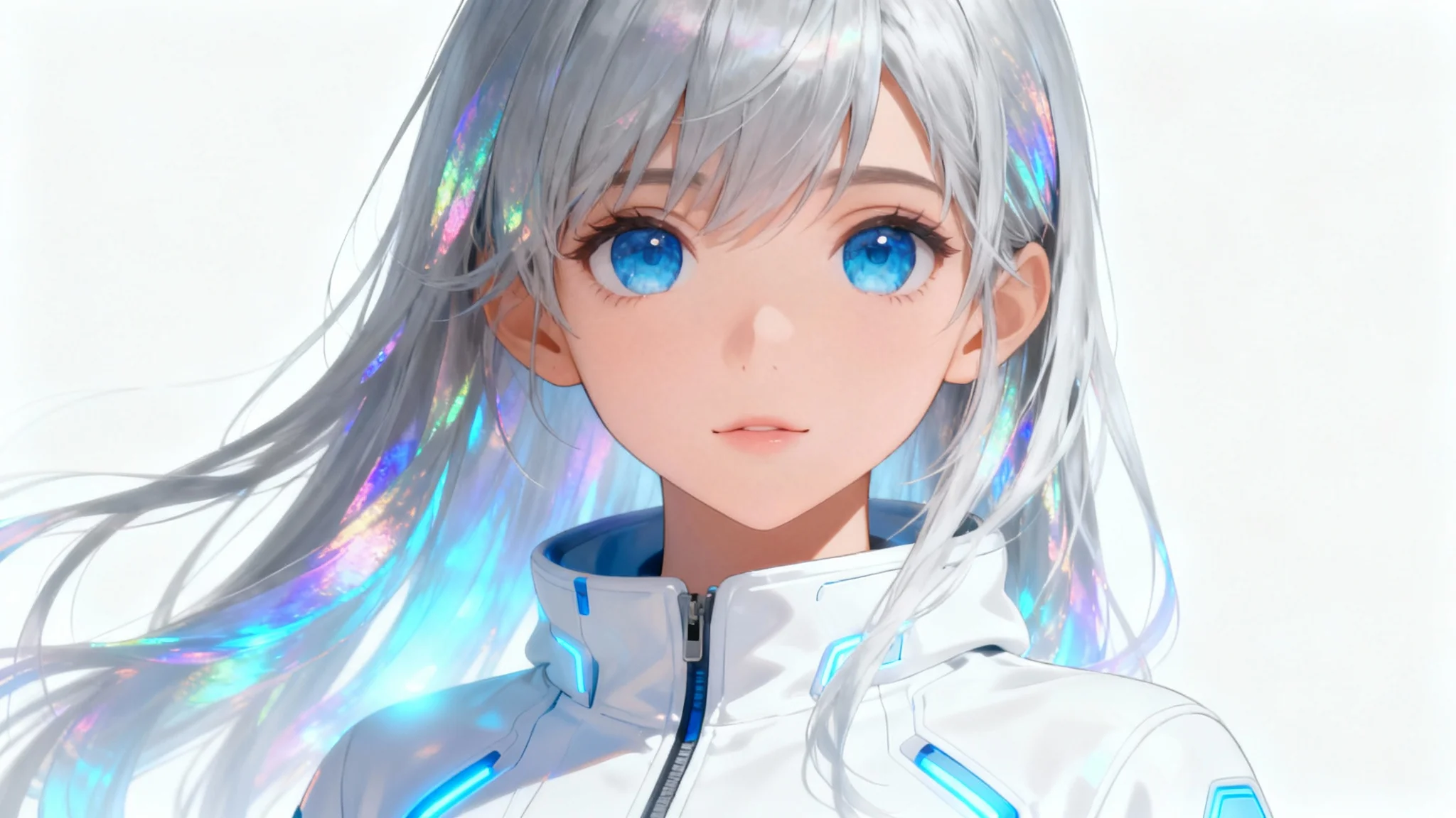 A close-up portrait of a beautifully rendered anime girl with long silver hair and blue eyes, set against a solid white background.