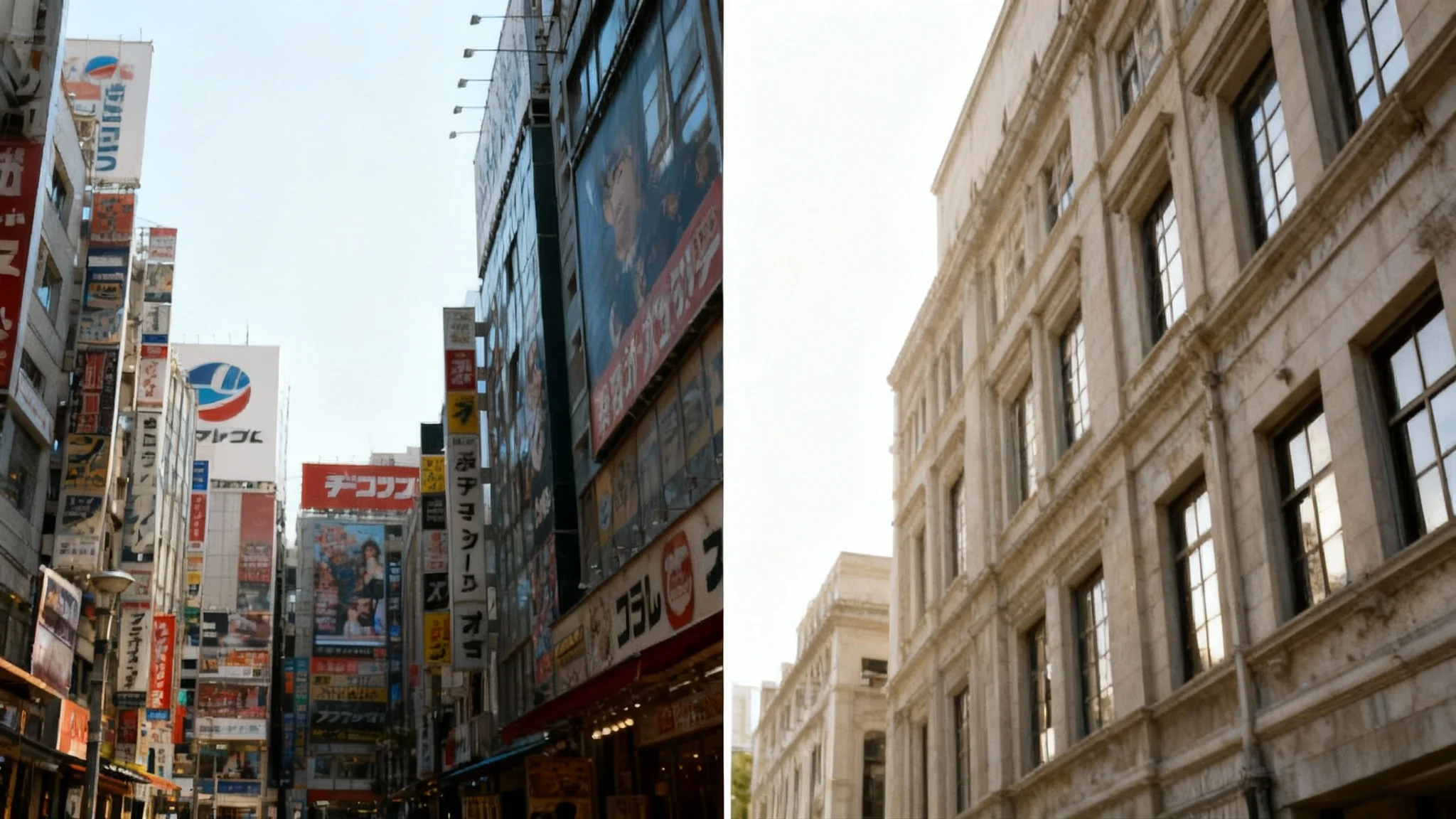 A split-screen comparison image showing the power of a sign remover tool. The left side depicts a city street filled with signs, while the right side shows the same street with all signs cleanly removed, revealing the architecture.