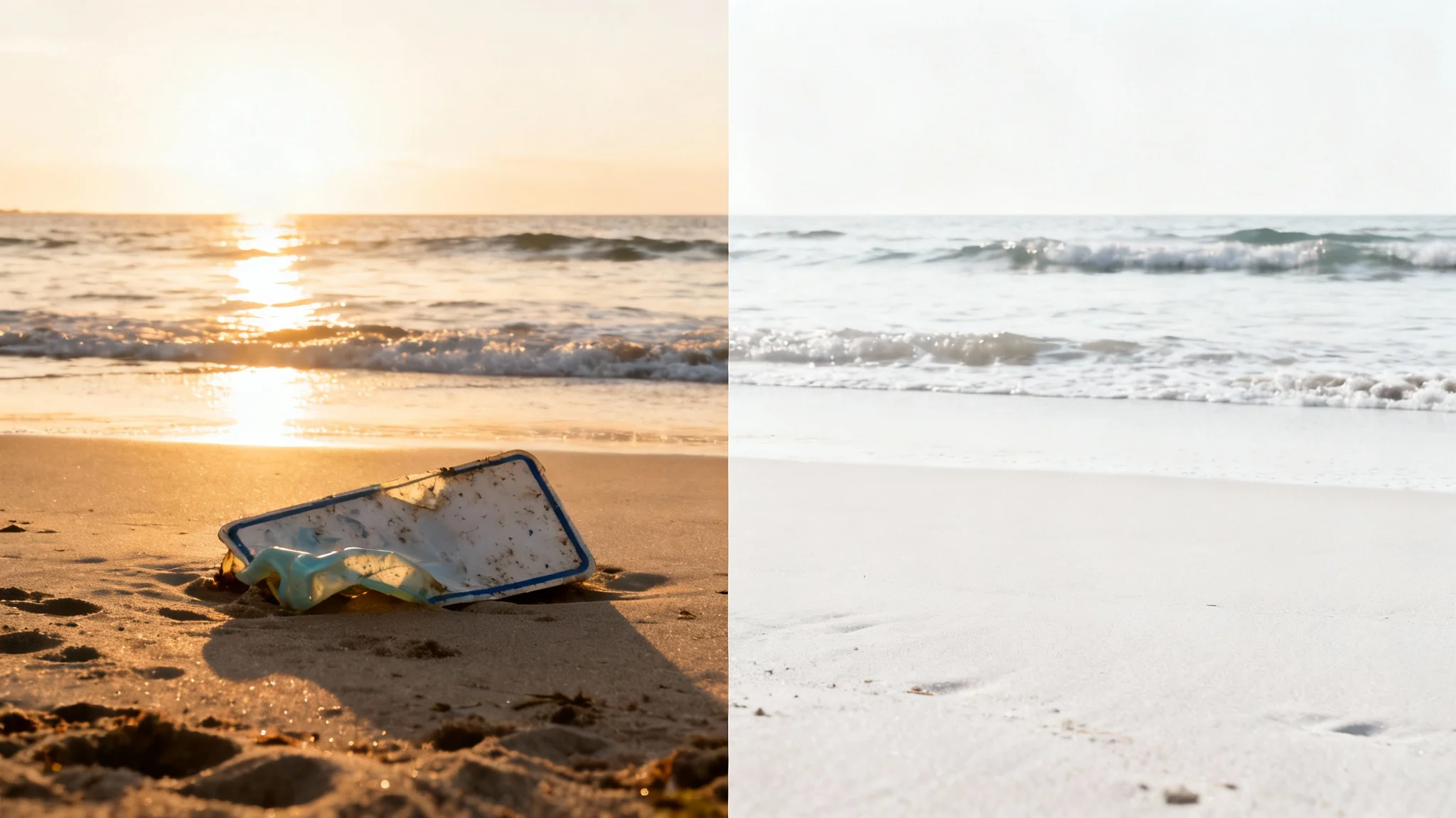 A before-and-after split-screen image. The 'before' side shows a beautiful beach with a large piece of plastic sign trash on the sand. The 'after' side shows the same beach, but the trash has been removed, leaving the sand clean.