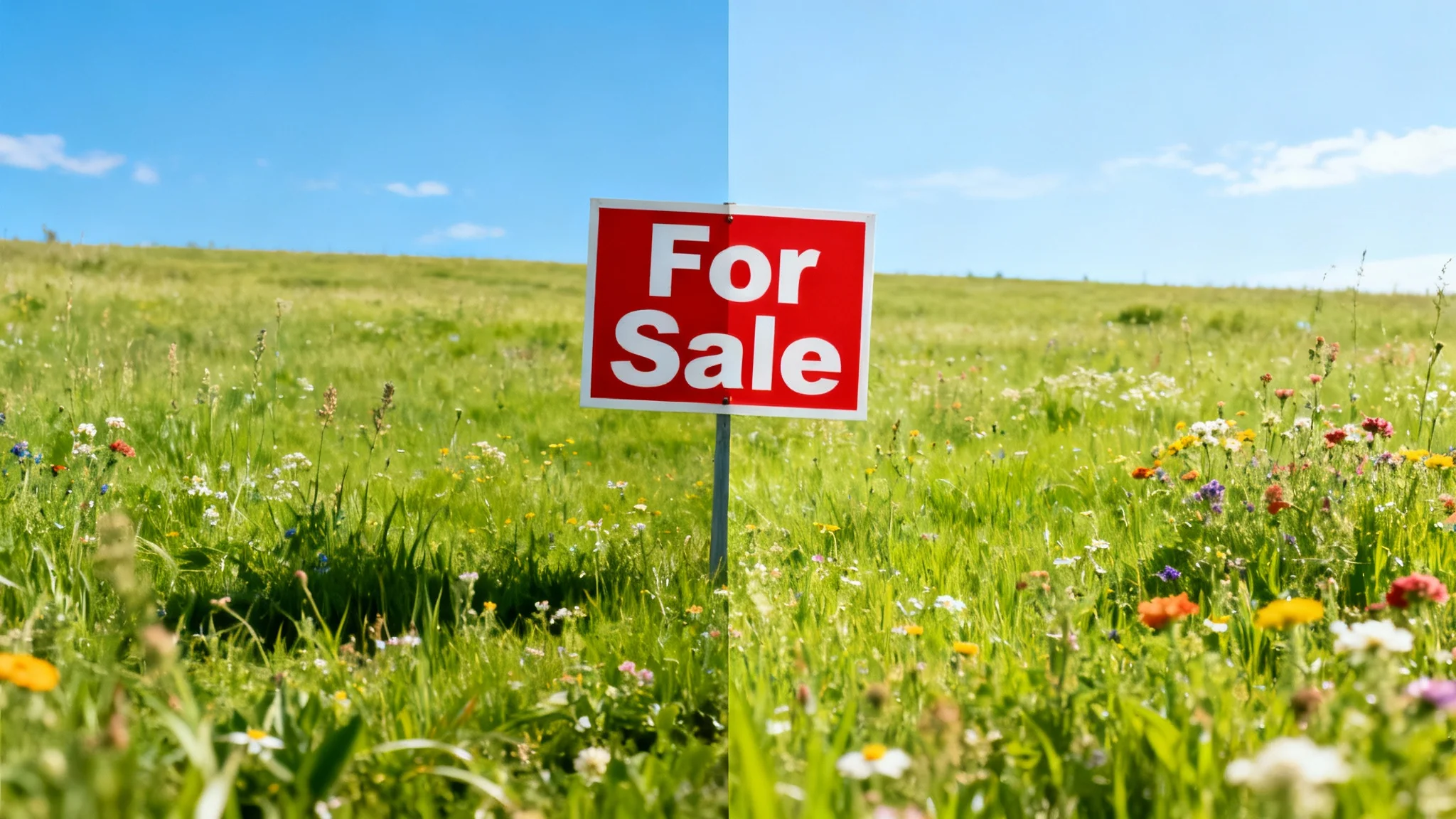 A side-by-side comparison image showing the effect of a sign remover tool. The left side shows a beautiful meadow with an ugly 'For Sale' sign, and the right side shows the same meadow perfectly clean with the sign removed.