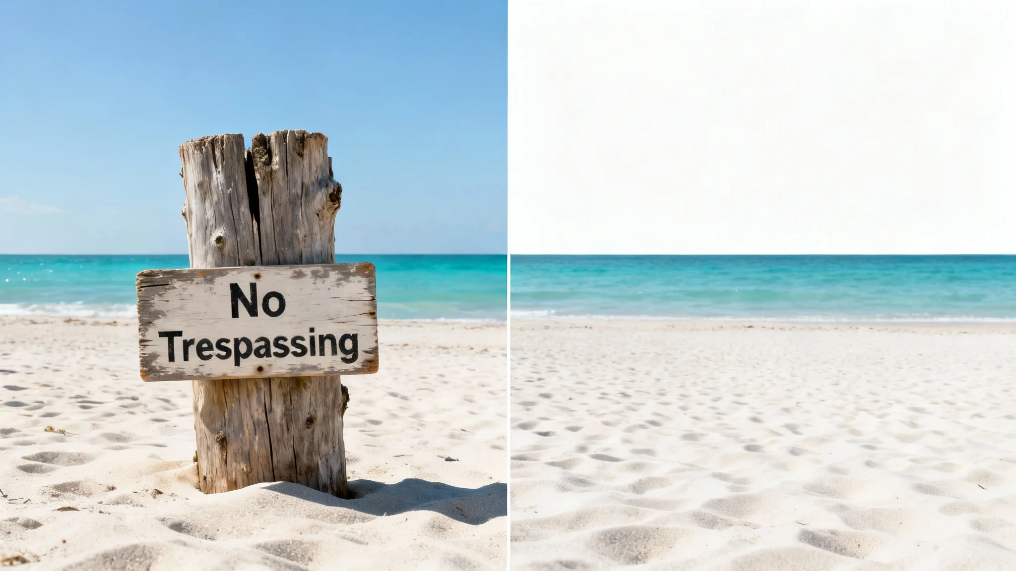 A before-and-after comparison image demonstrating a sign remover tool. On the left, a beautiful beach scene with an ugly 'No Trespassing' sign. On the right, the same scene with the sign cleanly removed.