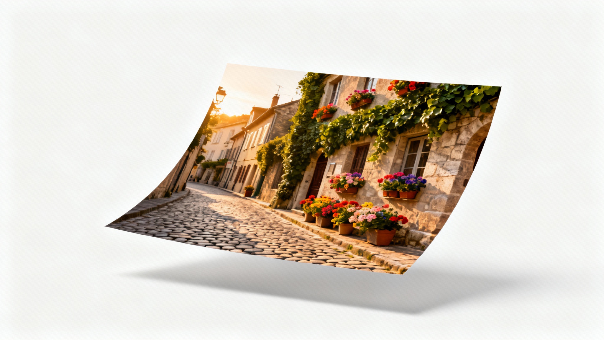 A pristine photograph of a charming European cobblestone street at sunset, completely free of any modern signs or clutter, presented as a mockup on a white background to illustrate the benefit of a sign remover tool.