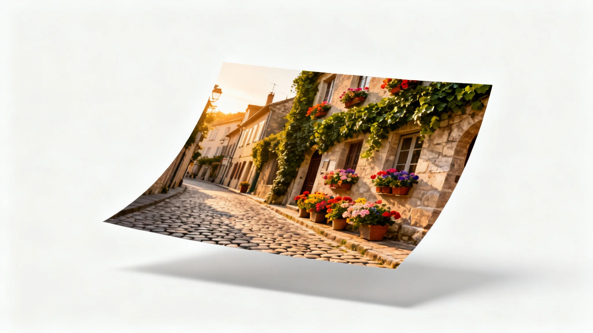A pristine photograph of a charming European cobblestone street at sunset, completely free of any modern signs or clutter, presented as a mockup on a white background to illustrate the benefit of a sign remover tool.