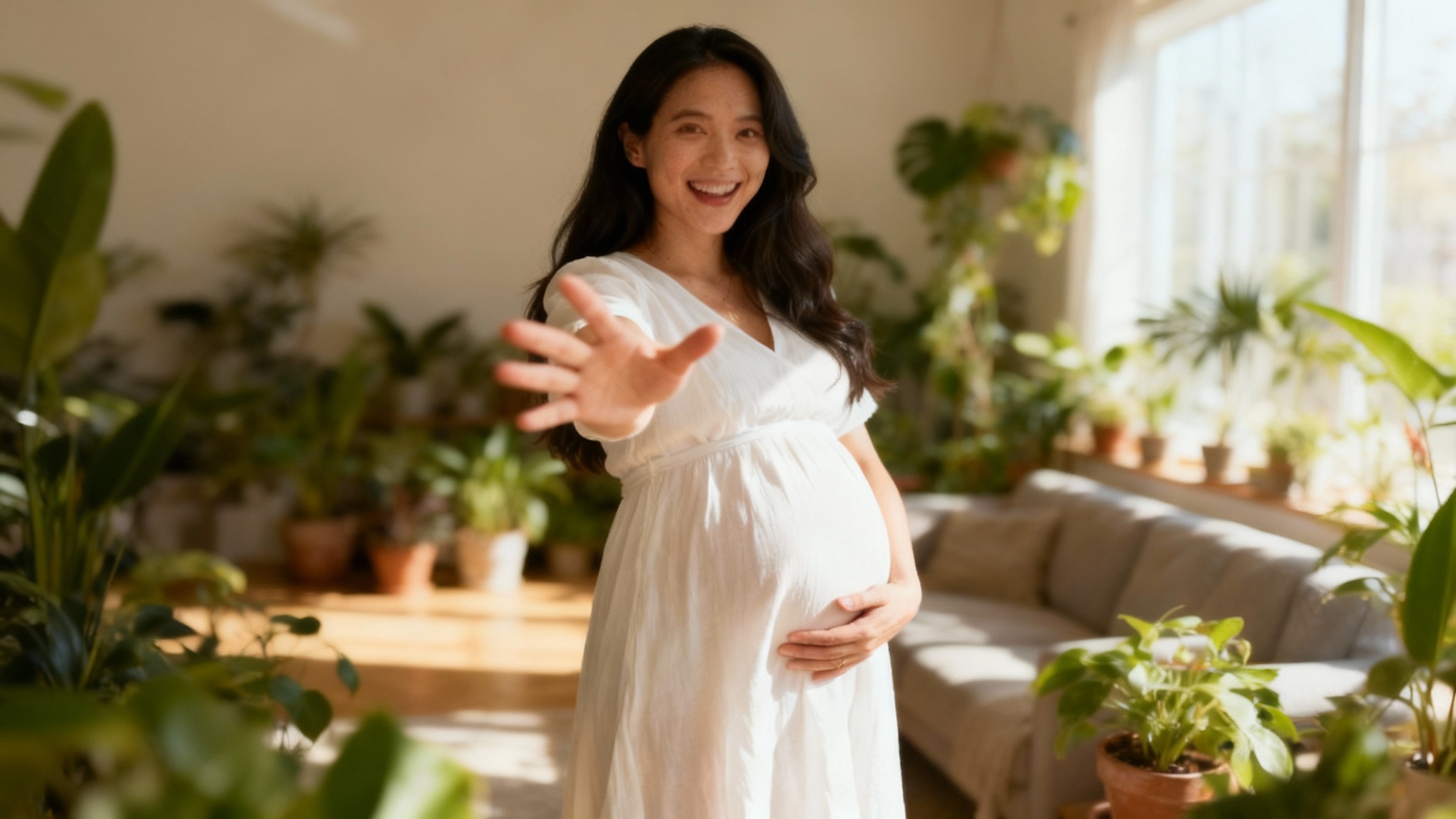 A photorealistic image of a woman with dark hair in a white dress joyfully cradling her pregnant belly in a sunlit room, demonstrating the 'make photo pregnant' effect.