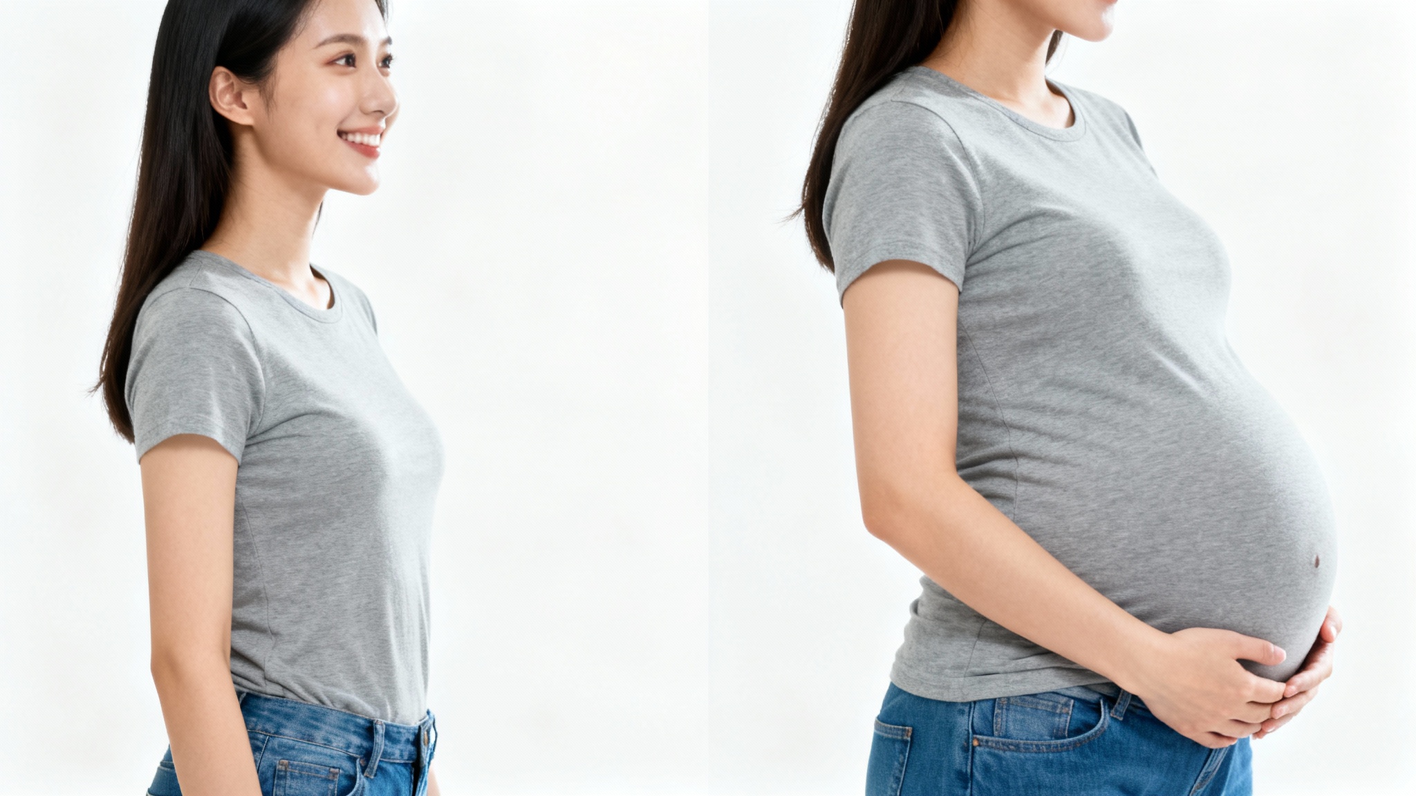 A before-and-after image showing a woman with a flat stomach on the left, and the same woman looking visibly pregnant on the right, demonstrating a photo editing effect.