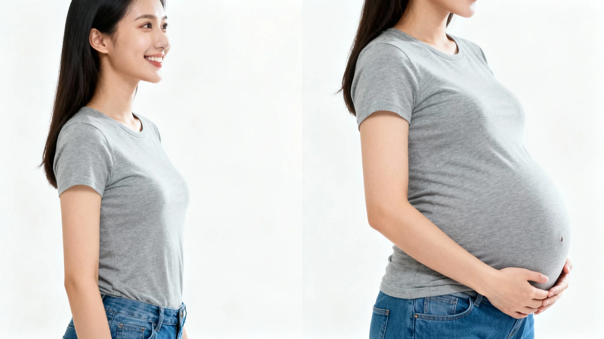 A before-and-after image showing a woman with a flat stomach on the left, and the same woman looking visibly pregnant on the right, demonstrating a photo editing effect.