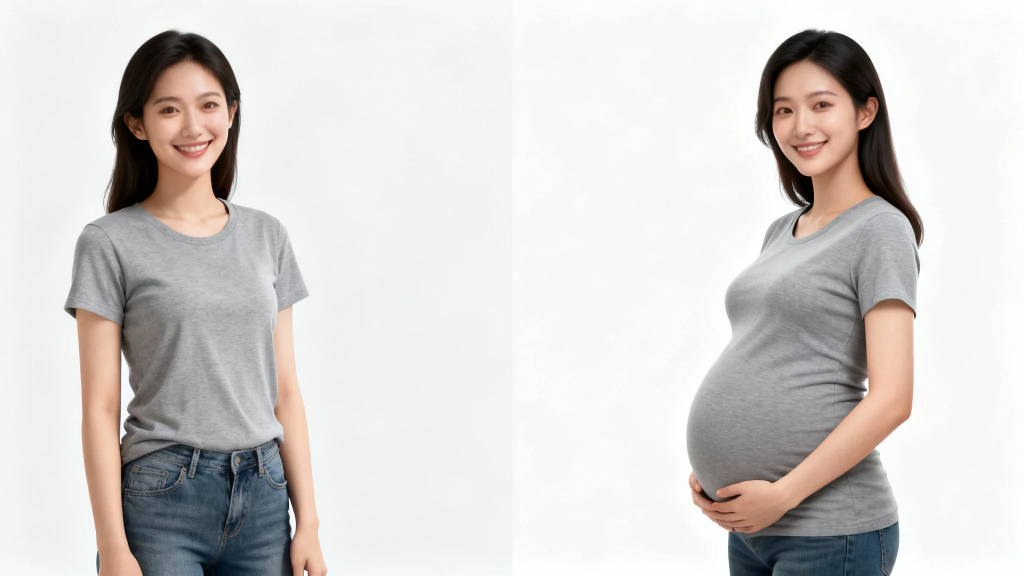 A before-and-after photo comparison. On the left, a woman stands with a flat stomach. On the right, the same woman is shown with a realistic, digitally added pregnant belly.