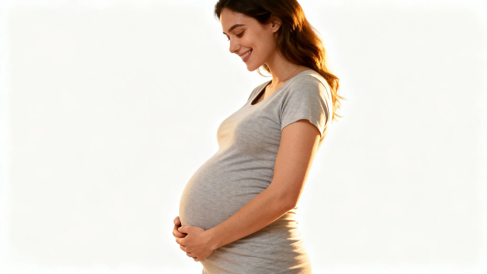 A photorealistic image of a smiling woman in profile, lovingly holding her pregnant belly. She is wearing a simple t-shirt against a clean white background.