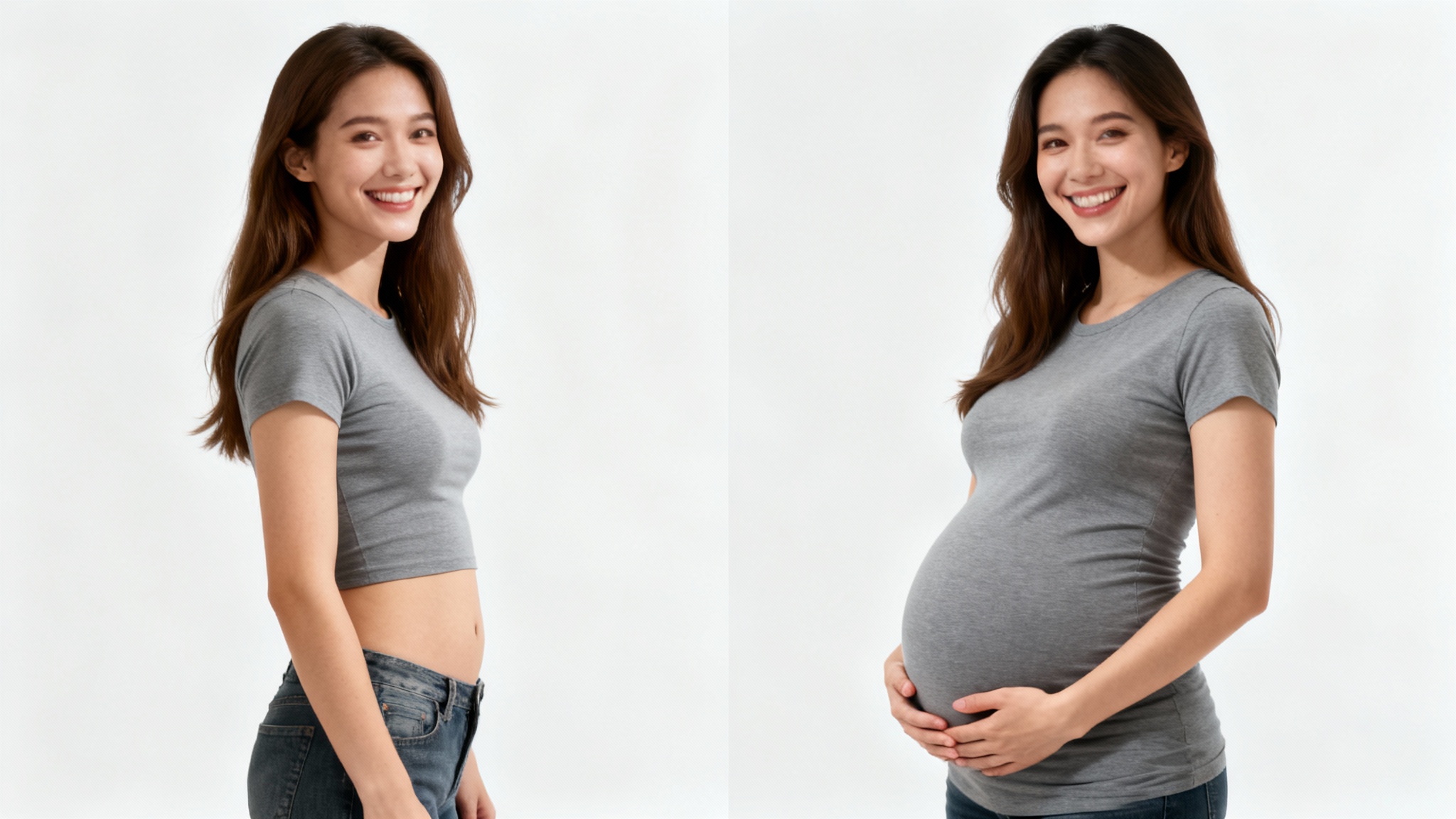 A before-and-after split image showing a woman on the left with a flat stomach and the same woman on the right looking realistically pregnant, happily cradling her baby bump.