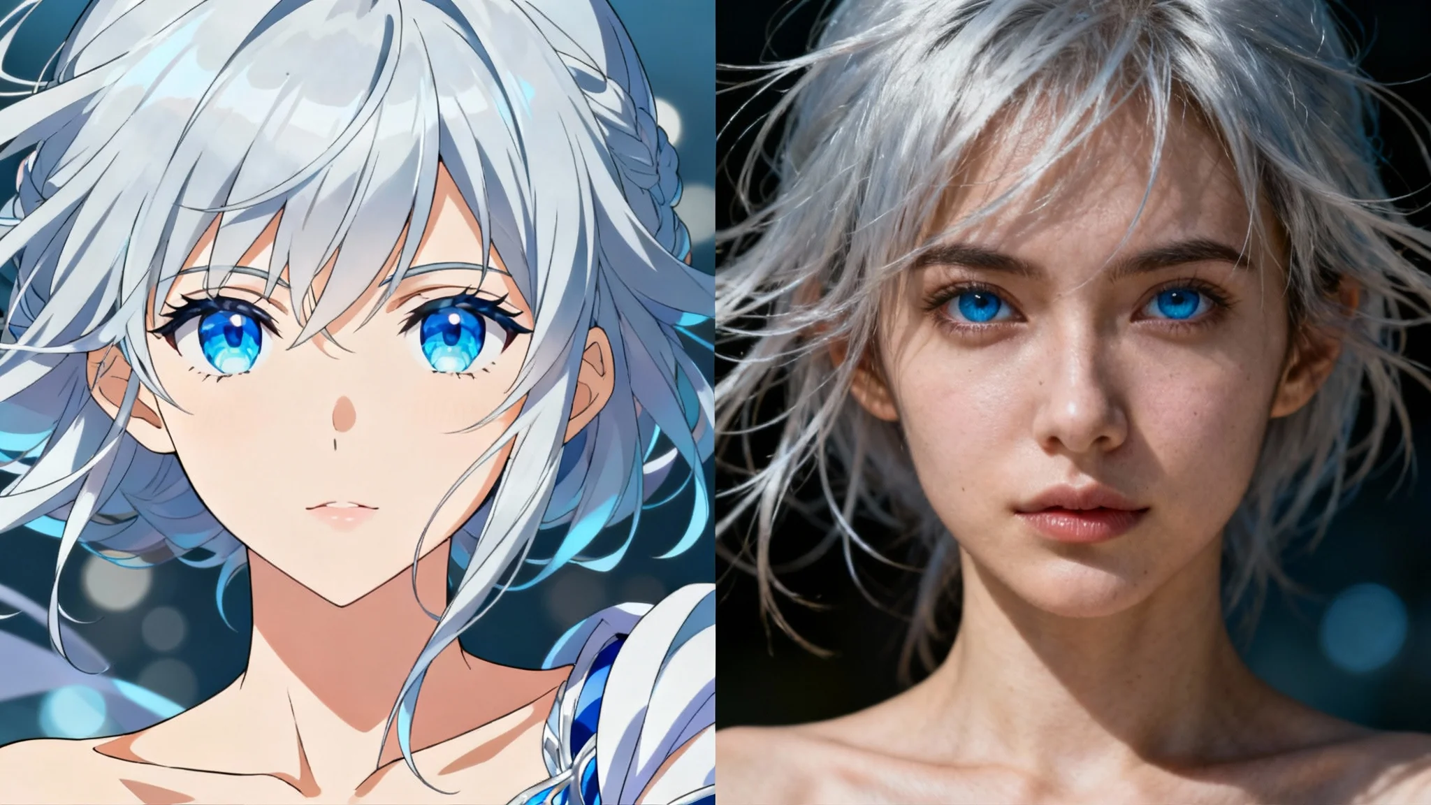 A split-screen image showing an anime to real life transformation. The left side is an anime character with silver hair and blue eyes, and the right side is a hyperrealistic photograph of the same person.