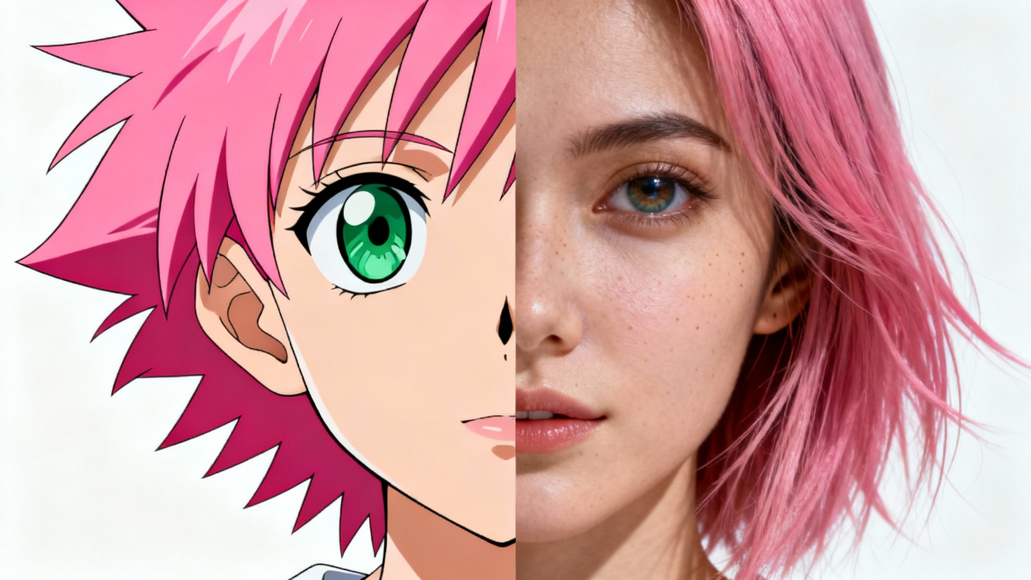 A split-image portrait showing a character's transformation from anime to real life. The left side is an anime girl with pink hair and green eyes, and the right side is a photorealistic version of the same girl.