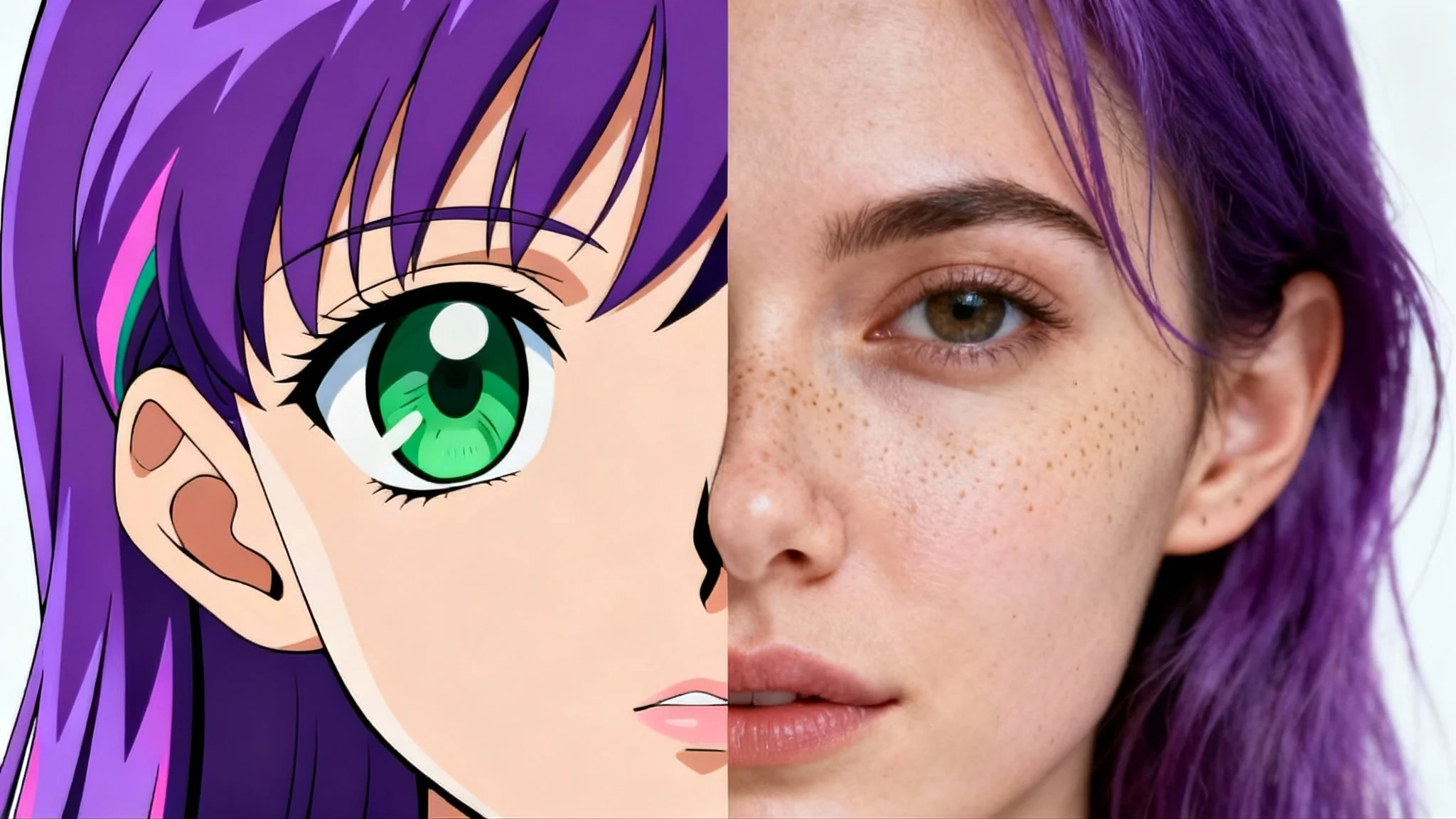 A split portrait demonstrating an anime-to-real-life transformation. The left side shows an anime girl with purple hair and green eyes, while the right side shows a photorealistic version of the same woman.