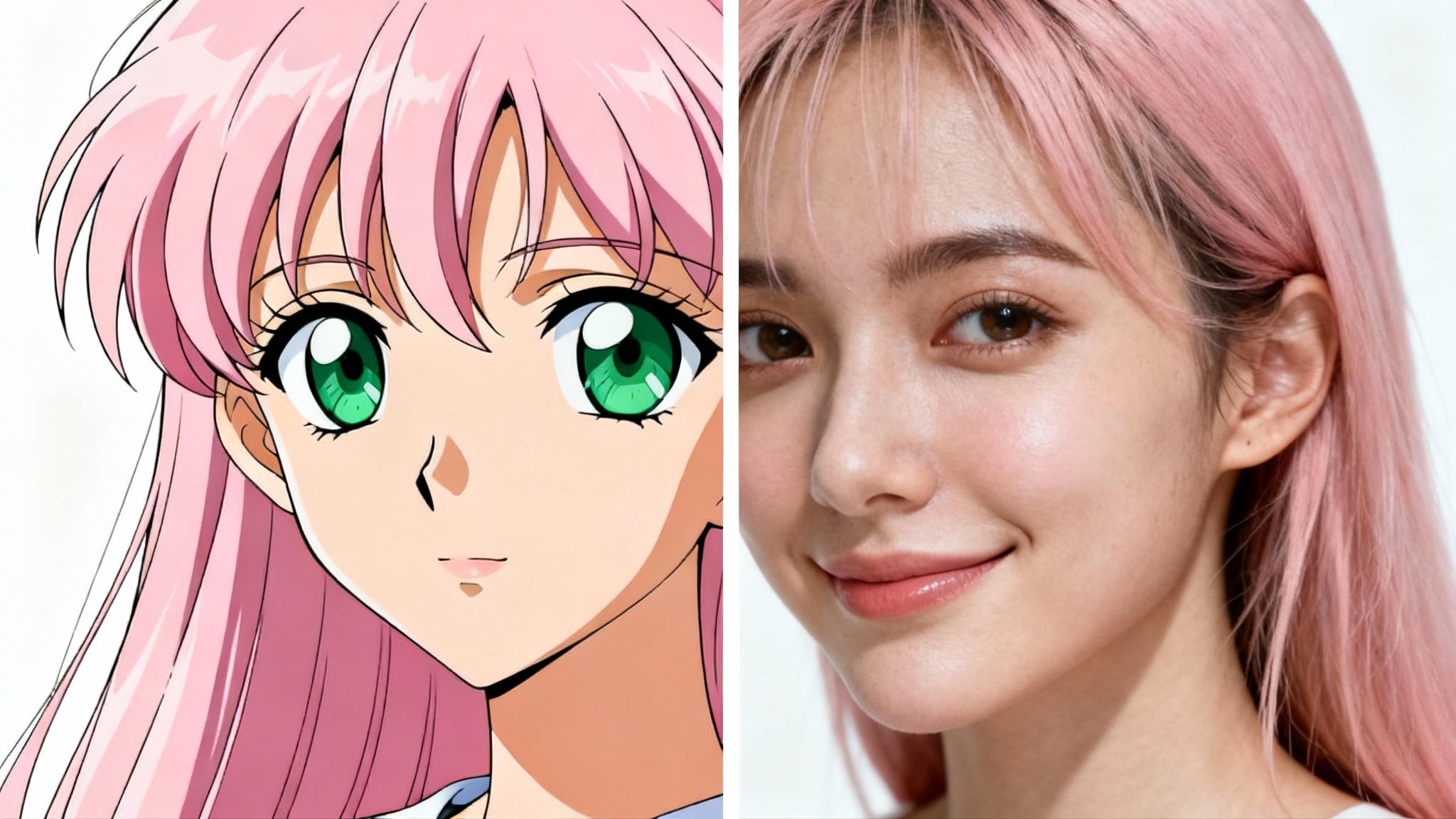 A split image demonstrating a transformation from anime to real life. The left side shows an anime-style woman with pink hair and green eyes, and the right side shows a photorealistic portrait of the same woman.