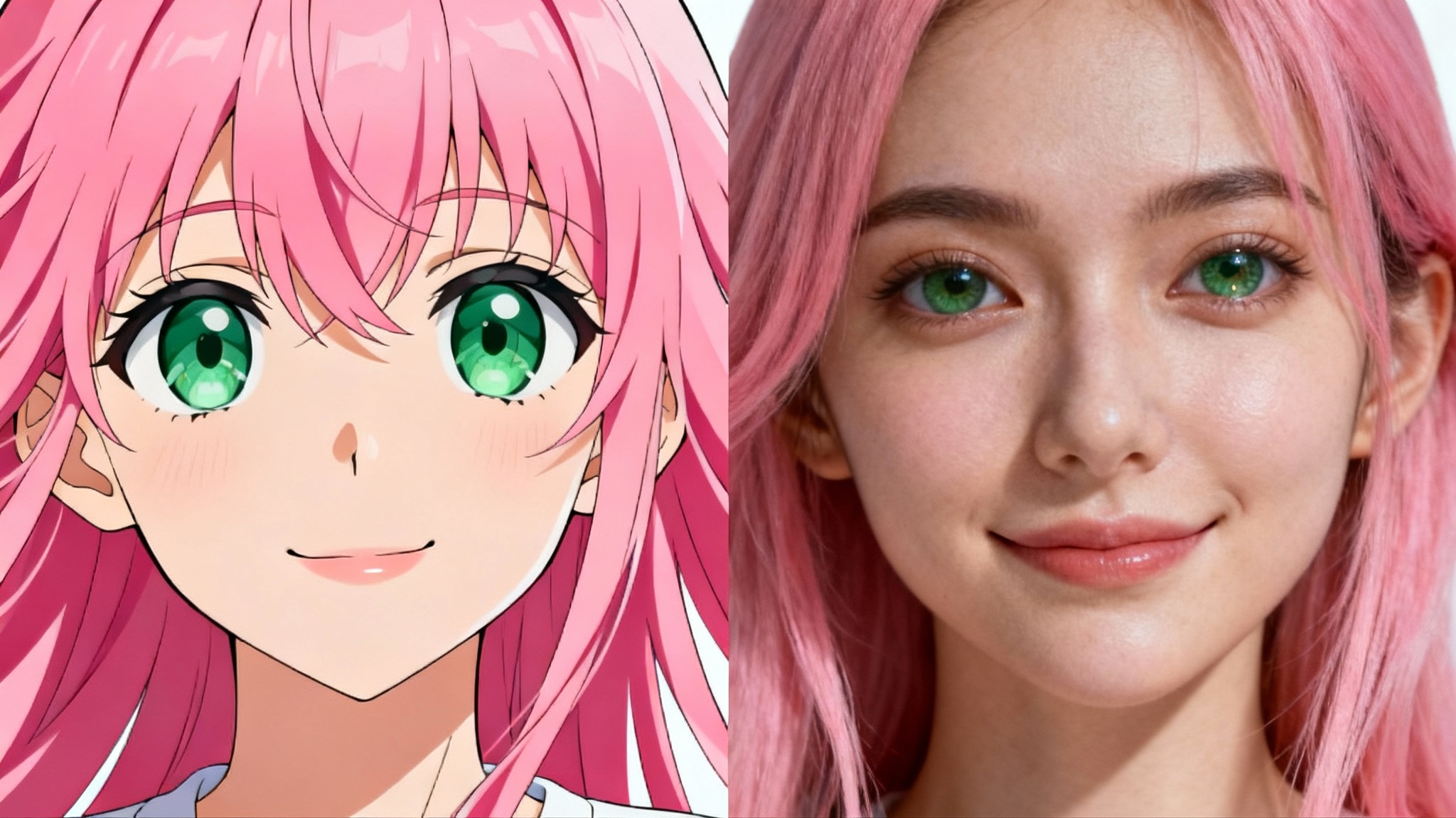 A split-image showing a character's transformation from anime to real life. The left side features an anime girl with pink hair, and the right side shows a photorealistic portrait of the same girl, both against a white background.