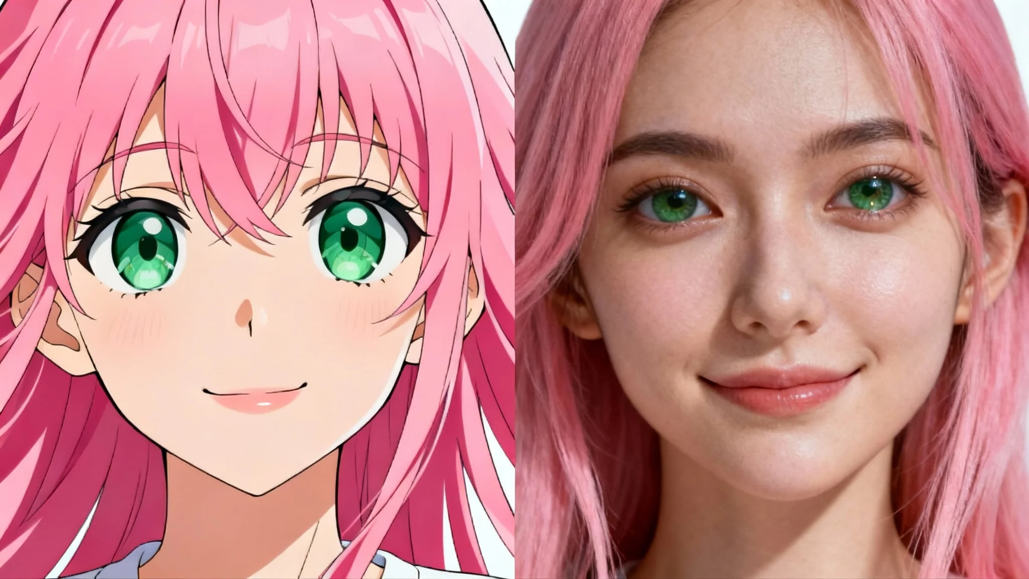 A split-image showing a character's transformation from anime to real life. The left side features an anime girl with pink hair, and the right side shows a photorealistic portrait of the same girl, both against a white background.