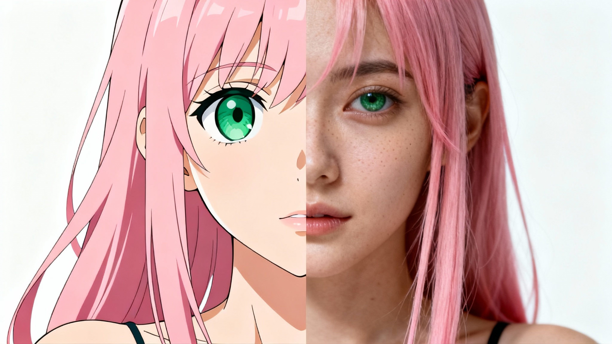 A split-screen portrait showing the transformation of a woman from an anime character on the left to a photorealistic person on the right, against a white background.