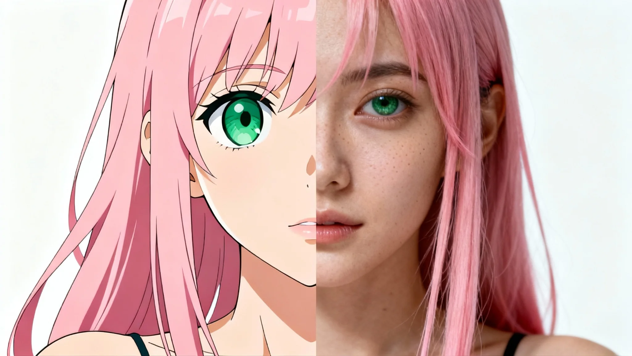 A split-screen portrait showing the transformation of a woman from an anime character on the left to a photorealistic person on the right, against a white background.