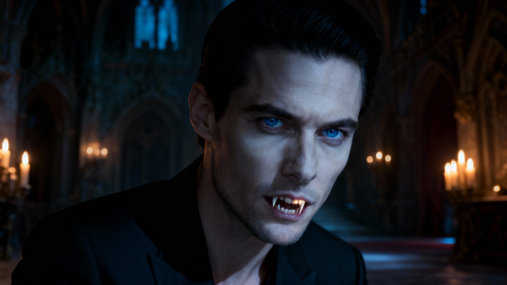 A dramatic 16:9 hero image showing the final result of a vampire photo editor: a handsome man with glowing blue eyes, pale skin, and sharp fangs, set against the backdrop of a dark, gothic castle interior.