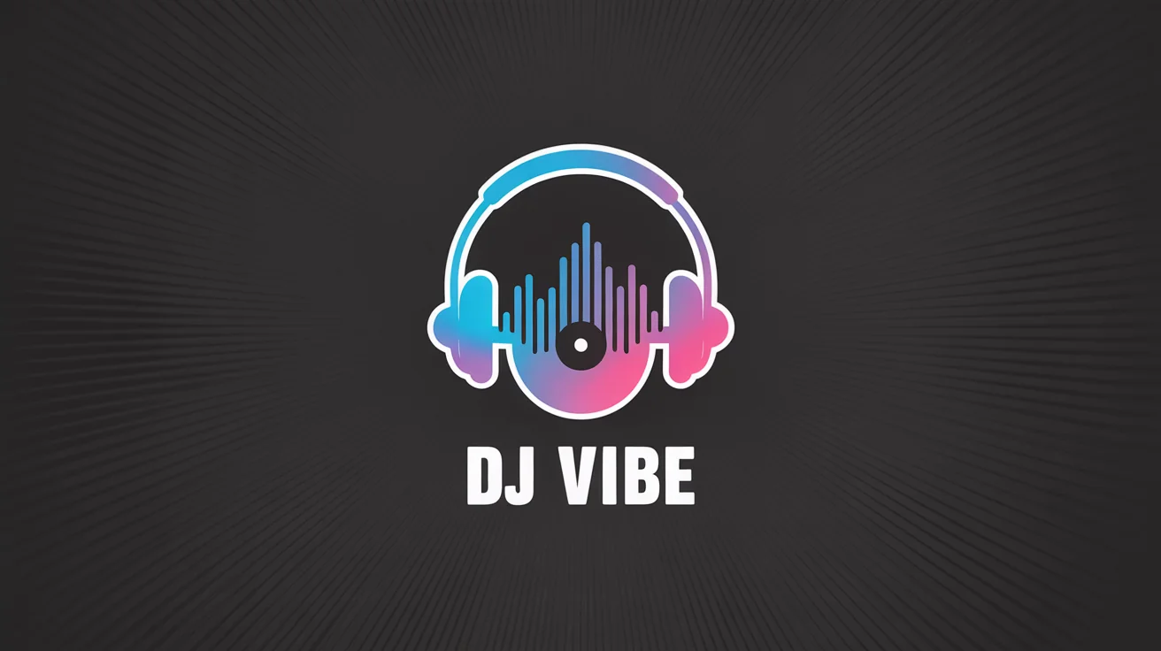 A professionally designed logo for 'DJ Vibe' featuring headphones and a soundwave in neon blue and pink, shown on a dark background.