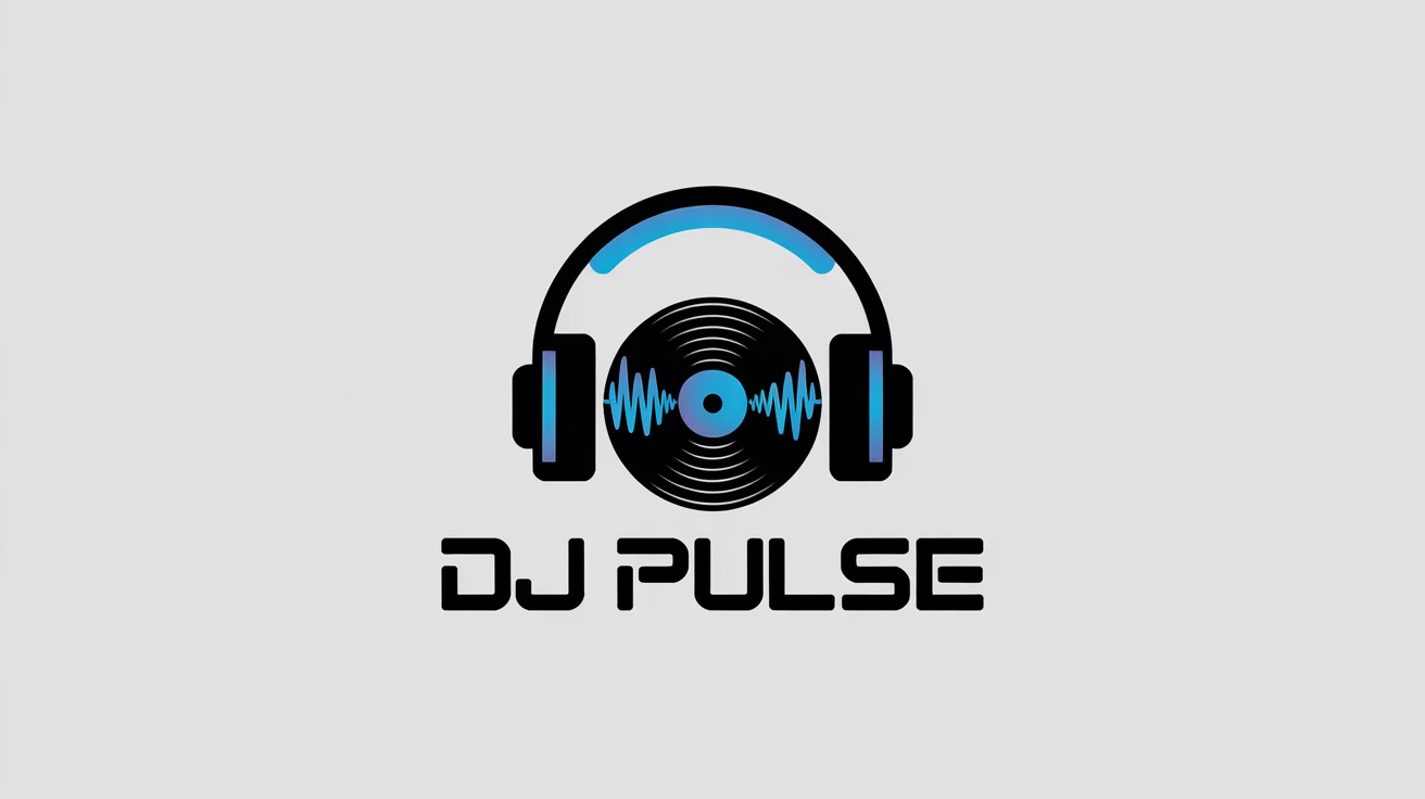 A modern DJ logo mockup on a white background, featuring stylized headphones and a vinyl record with neon blue accents and the text 'DJ PULSE'.