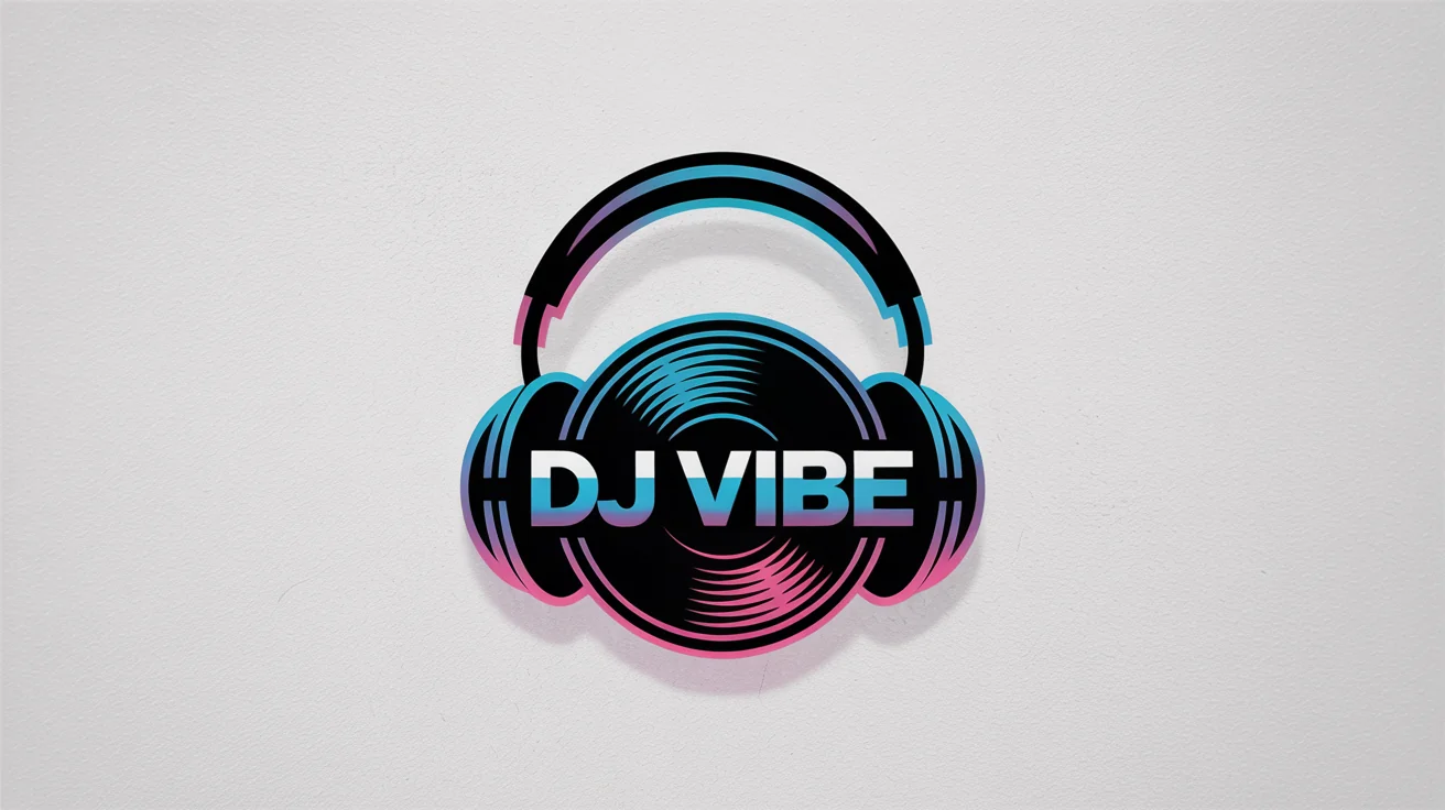 A modern and energetic DJ logo for 'DJ VIBE', featuring stylized headphones and a vinyl record in neon blue and pink, presented on a clean white background.