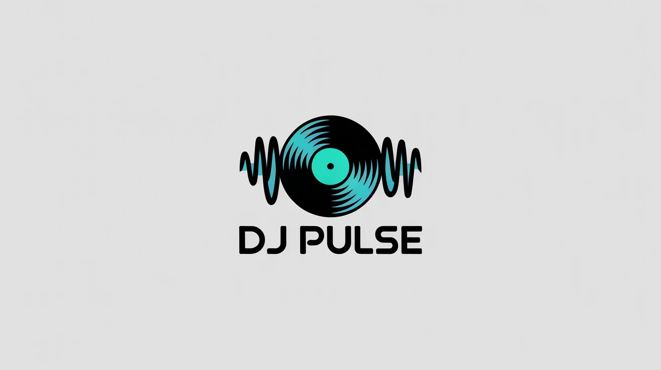 A professional mockup of a modern DJ logo featuring a vinyl record and soundwaves with the text 'DJ PULSE' in a futuristic font, all on a clean white background.