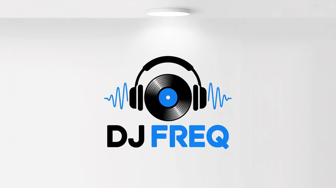 A modern logo for 'DJ Freq' featuring stylized black headphones, a vinyl record, and electric blue soundwaves, presented as a mockup on a white background.