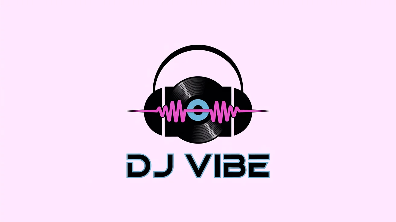 A professional DJ logo mockup for 'DJ VIBE' on a white background. The logo combines headphones, a vinyl record, and a soundwave in electric blue, magenta, and black.