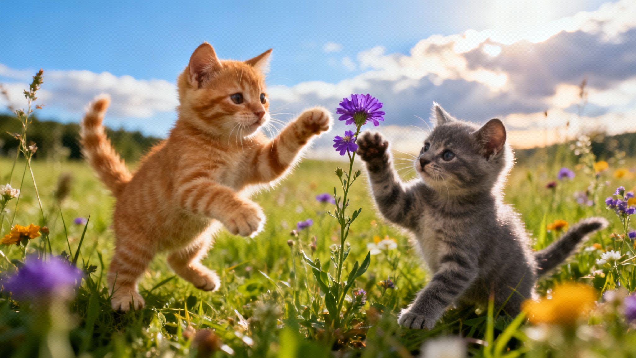 A beautiful desktop background showing two cute kittens, an orange tabby and a gray one, playing in a sunny field of colorful wildflowers.