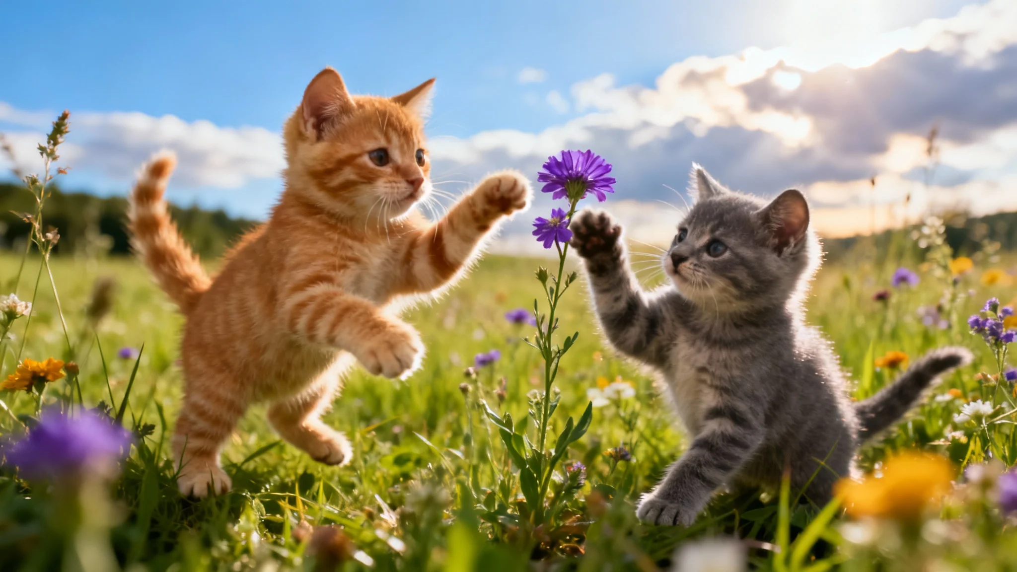 A beautiful desktop background showing two cute kittens, an orange tabby and a gray one, playing in a sunny field of colorful wildflowers.