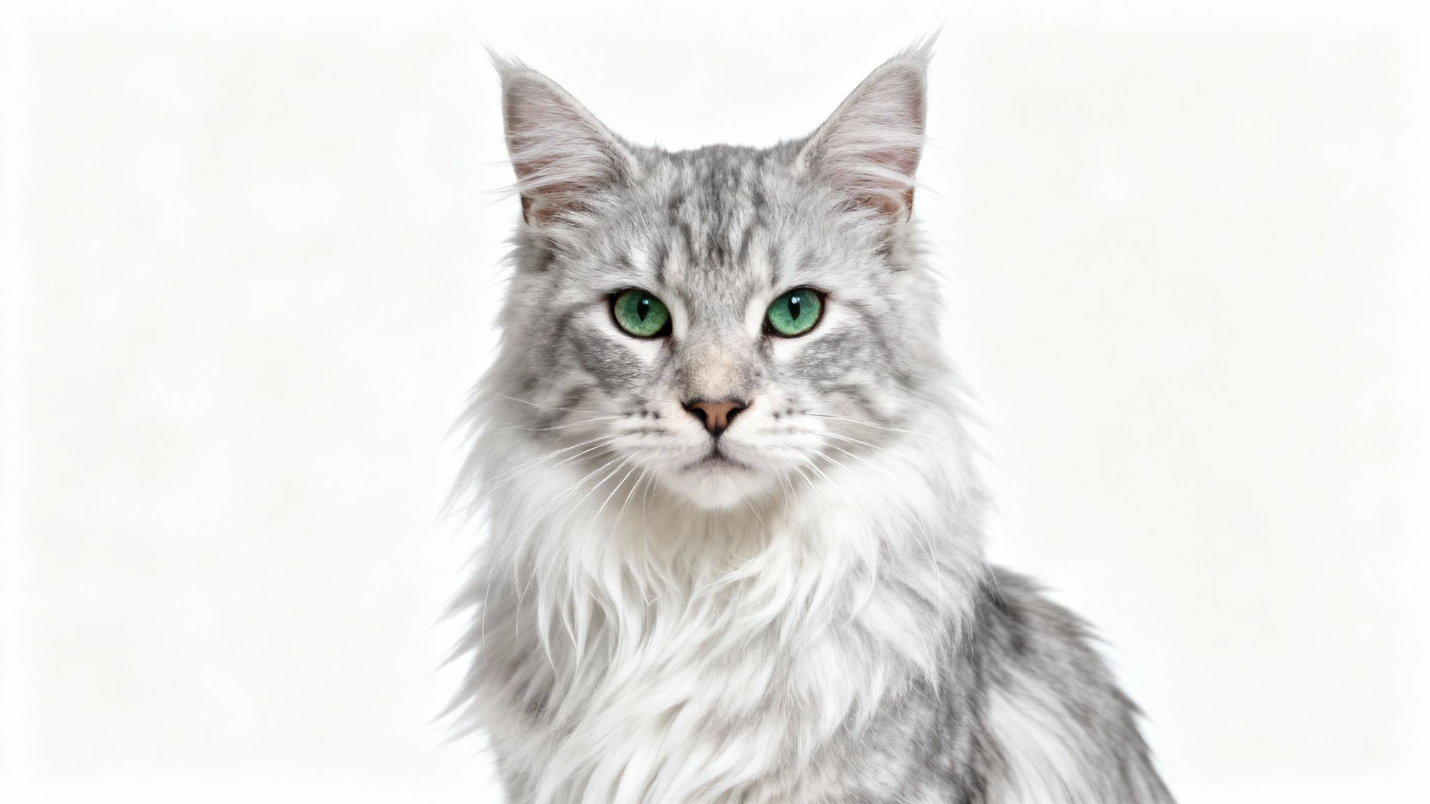 A photorealistic studio portrait of a fluffy silver Maine Coon cat with striking green eyes, sitting gracefully against a pure white background.