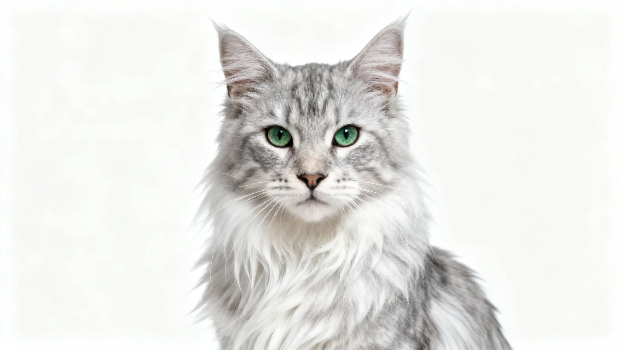 A photorealistic studio portrait of a fluffy silver Maine Coon cat with striking green eyes, sitting gracefully against a pure white background.