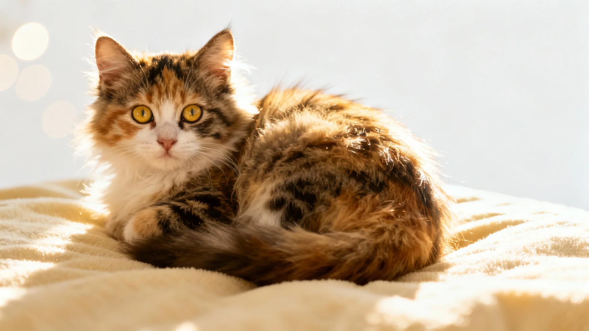 A hyper-realistic photo of a small, fluffy calico kitten sleeping peacefully on a soft surface against a clean white background.