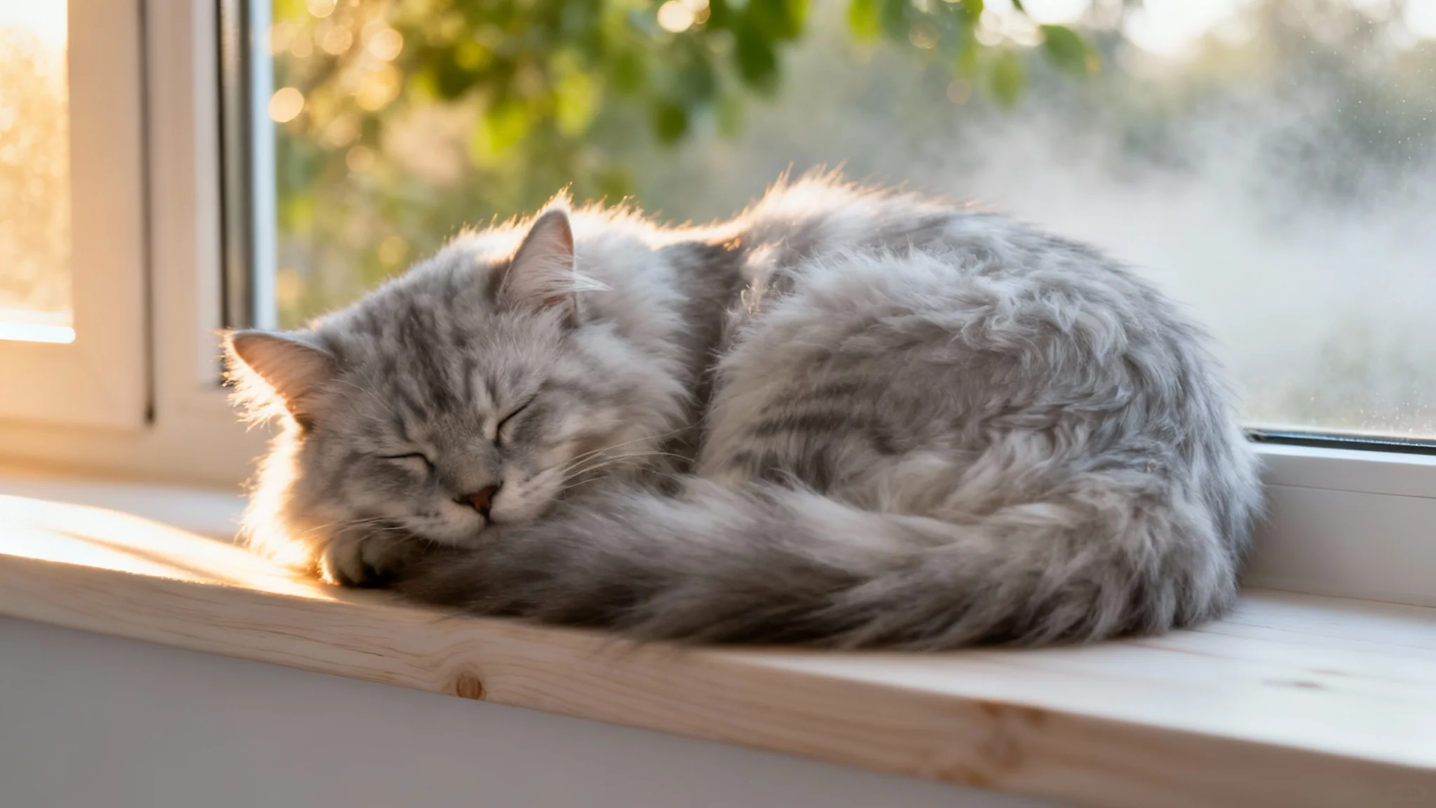 A hyper-realistic photo of a fluffy silver cat sleeping peacefully on a wooden window sill in the soft morning light, representing a generated cat background.
