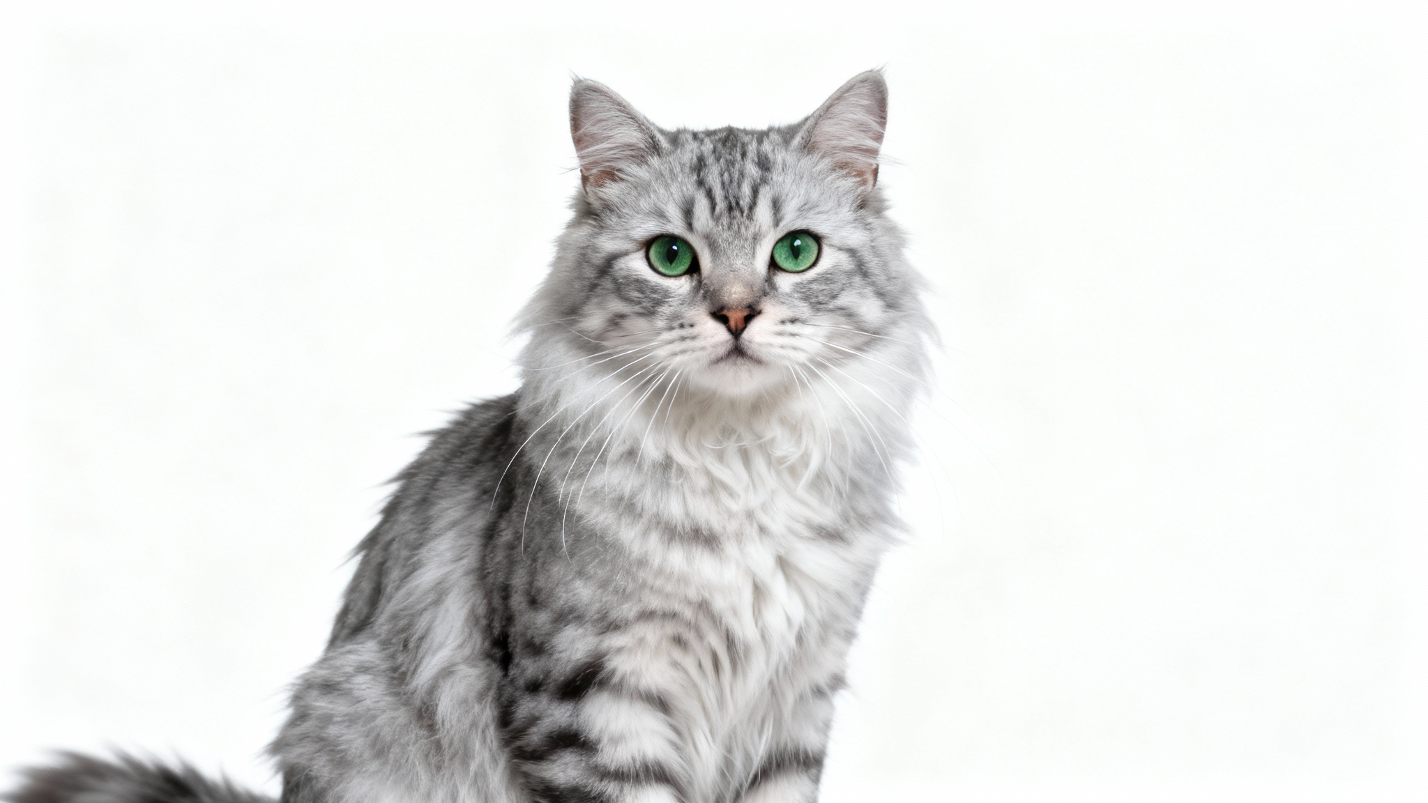 A photorealistic image of a fluffy silver tabby cat with vibrant green eyes, looking calmly at the viewer against a plain white background.