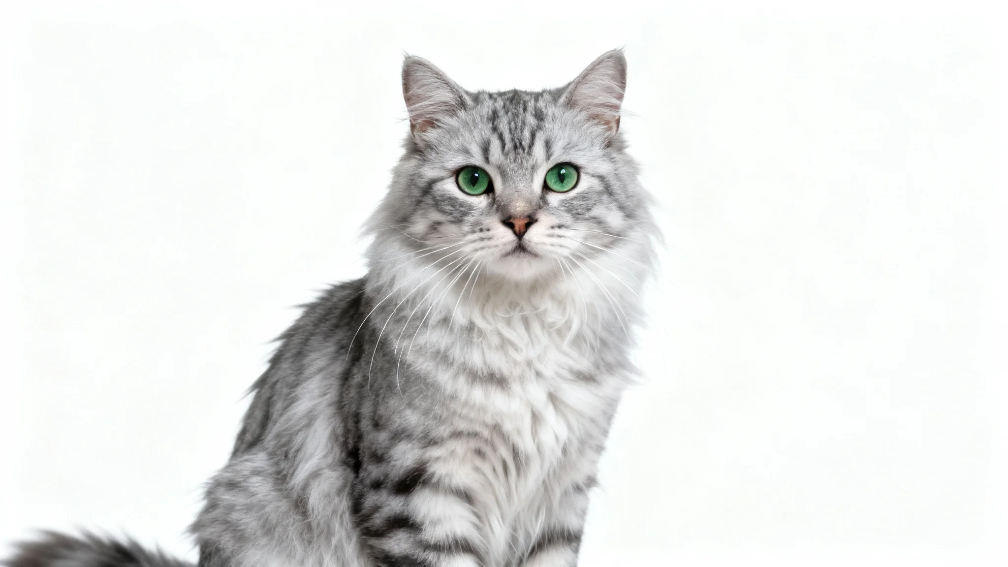 A photorealistic image of a fluffy silver tabby cat with vibrant green eyes, looking calmly at the viewer against a plain white background.