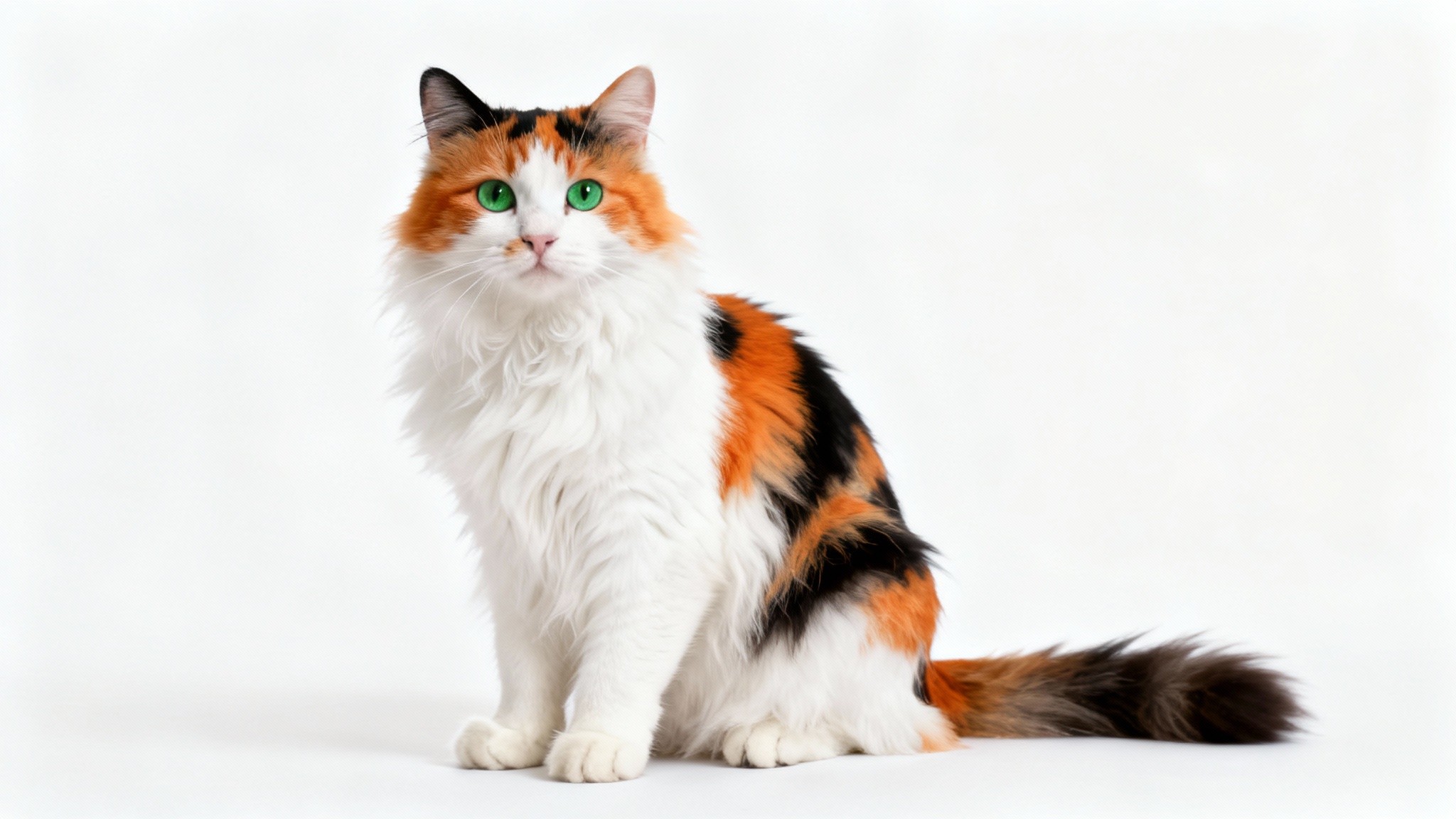 A high-quality, photorealistic image of a fluffy calico cat sitting and looking at the camera against a clean white background, suitable for a digital wallpaper.
