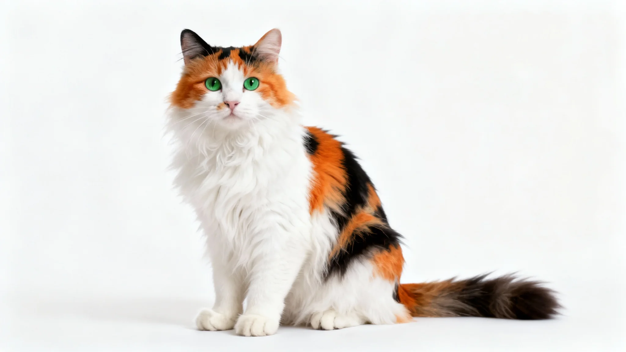 A high-quality, photorealistic image of a fluffy calico cat sitting and looking at the camera against a clean white background, suitable for a digital wallpaper.
